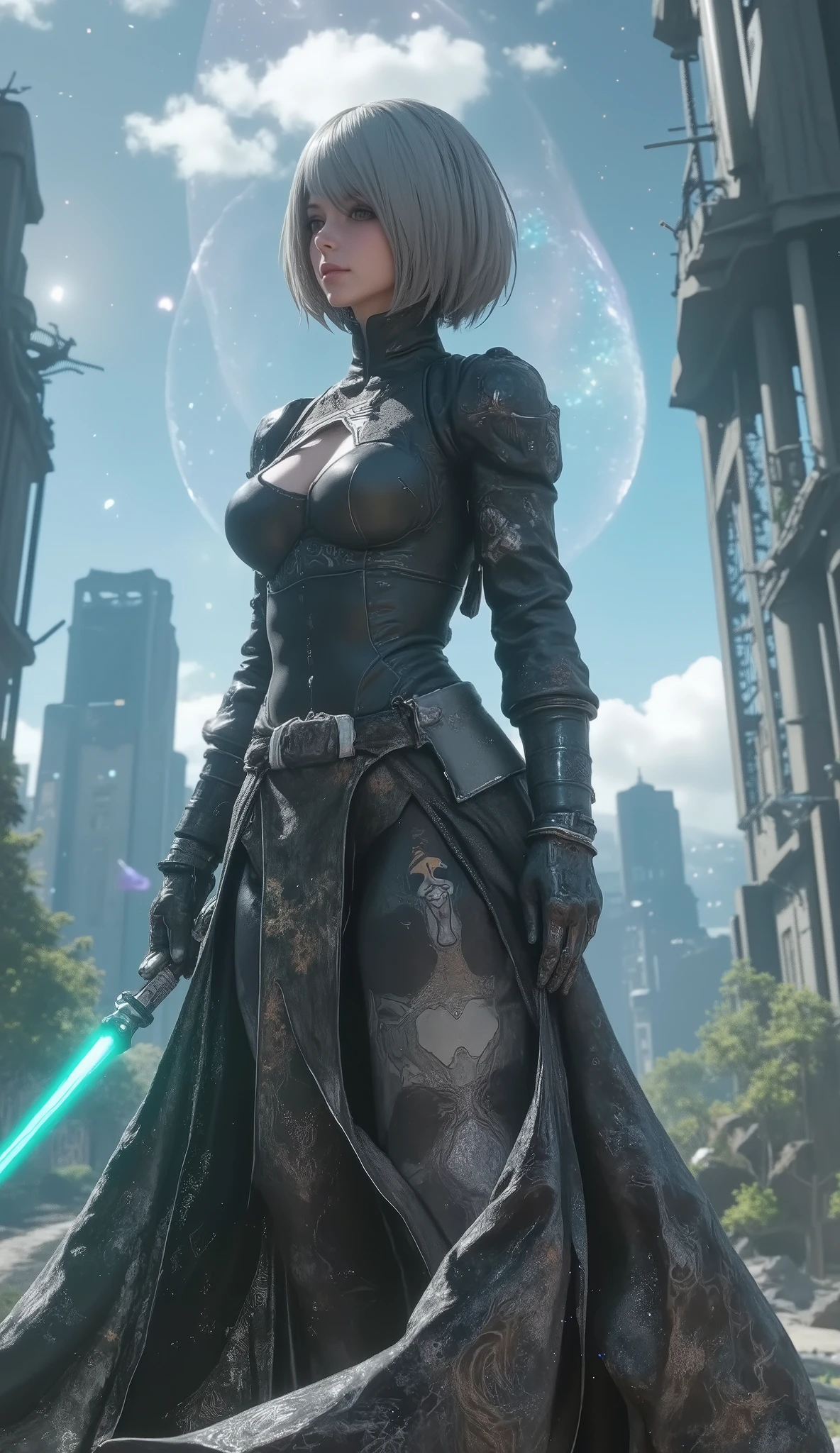 A scene from a George Lucas movie、 masterpiece, top quality , 4K, Mecha,Samurai in Space , Cosmic Space, Lightsaber, Spaceship、planet、Cape, headband , Read more, long hair, gray hair, cyberpunk, depth of field on the shoulder , blurry background,