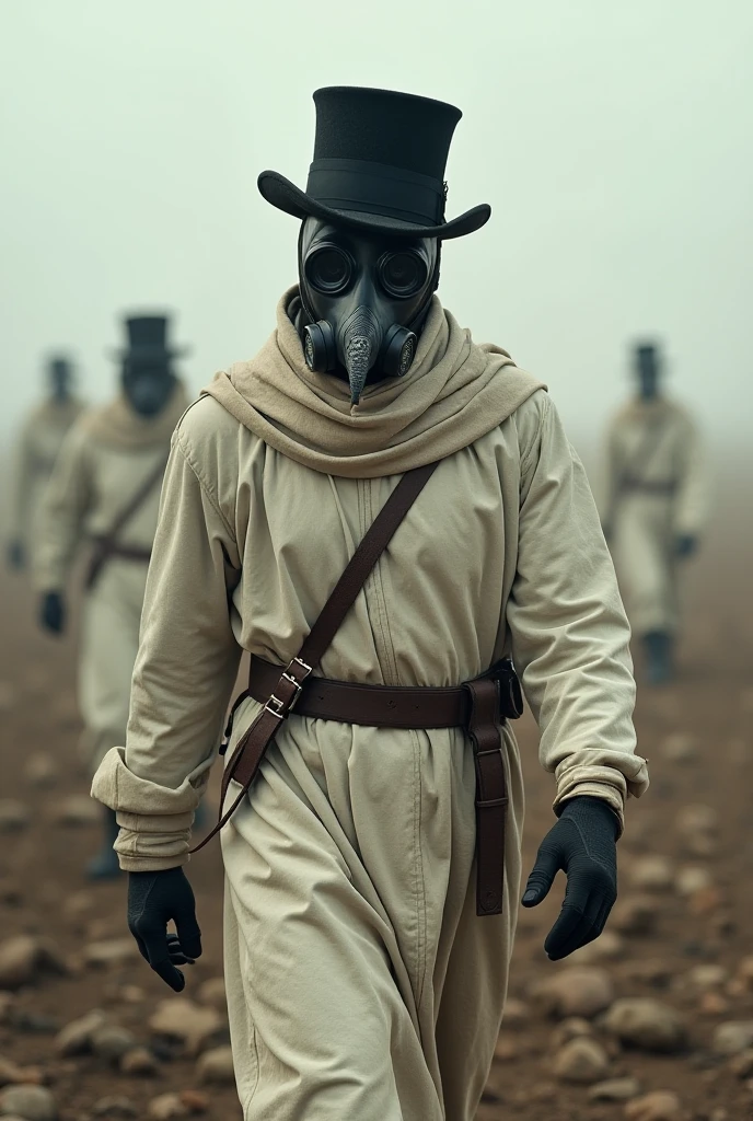 three men in gas masks and top hats holding guns, cinematic effects vfx, plague mask, desert photography, mcu photograph, film still from an cartoon, collodion photography, group portraits, 2013, year 1 9 0 0, 1080s, steamcommunity, 5d mk2, apocaliptic contamination, thomas edgar stevens, '20 --auto --s2