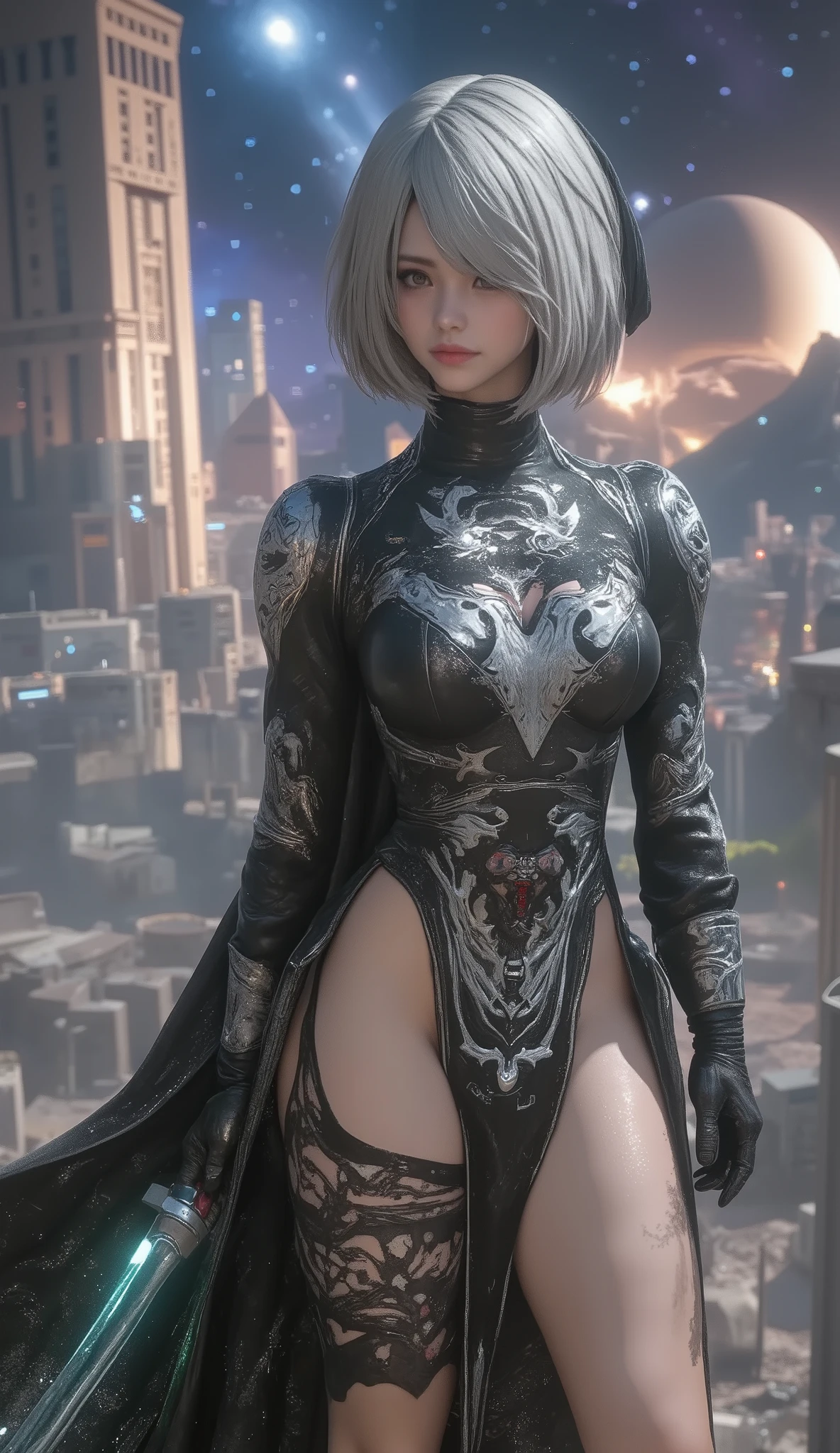 A scene from a George Lucas movie、 masterpiece, top quality , 4K, Mecha,Samurai in Space , Cosmic Space, Lightsaber, Spaceship、planet、Cape, headband , Read more, long hair, gray hair, cyberpunk, depth of field on the shoulder , blurry background,