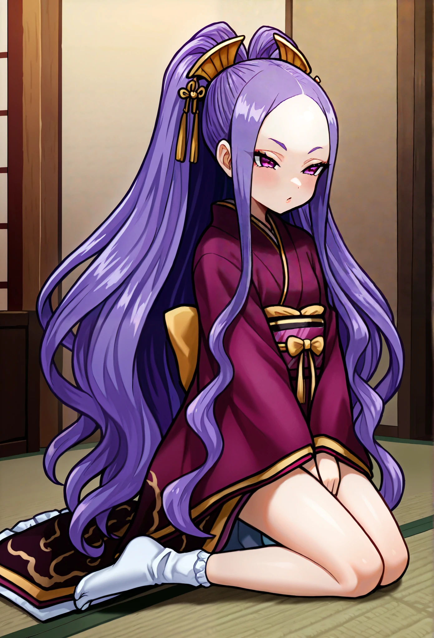 1 Girl, long hair, purple hair, PURPLE EYES , double ponytail, Forehead, Japanese Princess, Japanese hairstyle , kimono, indoor , highest quality, look great , hair over one eye , high resolution, latest, Kneeling, split toe socks