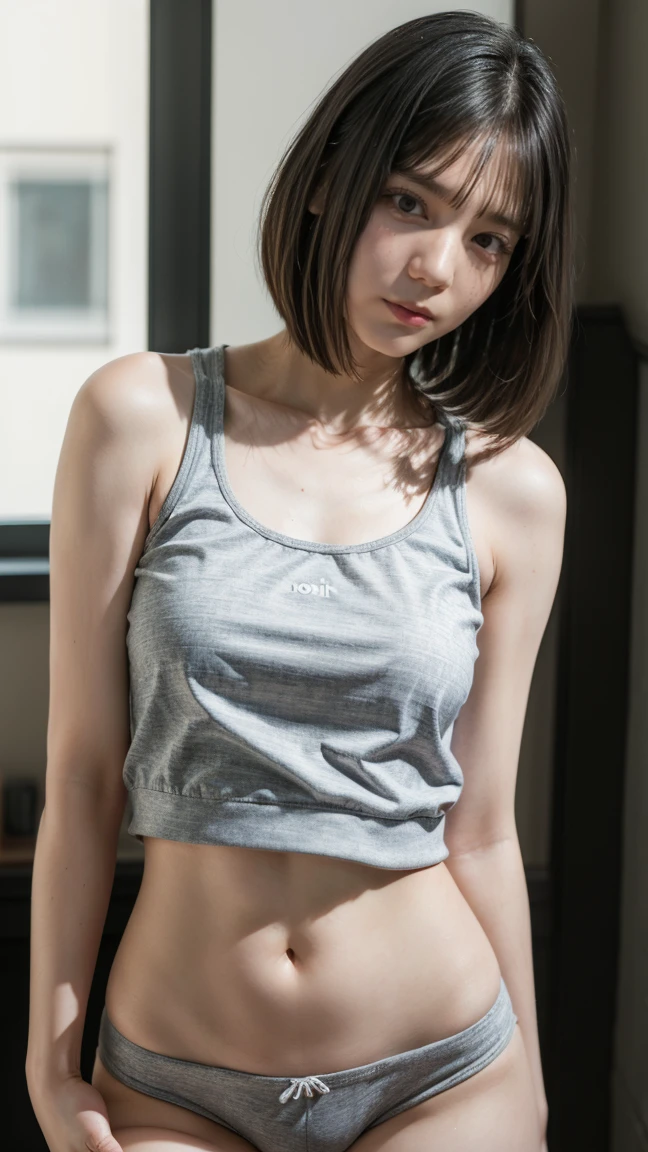 ((Best quality at best, 8K, tmasterpiece, sporty attire: 1.3)), (View the audience), photo-realism, Focus sharp, Alone, The Moro Islamic Liberation Front of Japan, Big breasts are beautiful,curlies, Wrinkles at the corners of the eyes, to emphasize, ((Large breasts:1.3))),,30 age old, curlies, Eyes have wrinkles, (leisure wear)((looking at viewert))