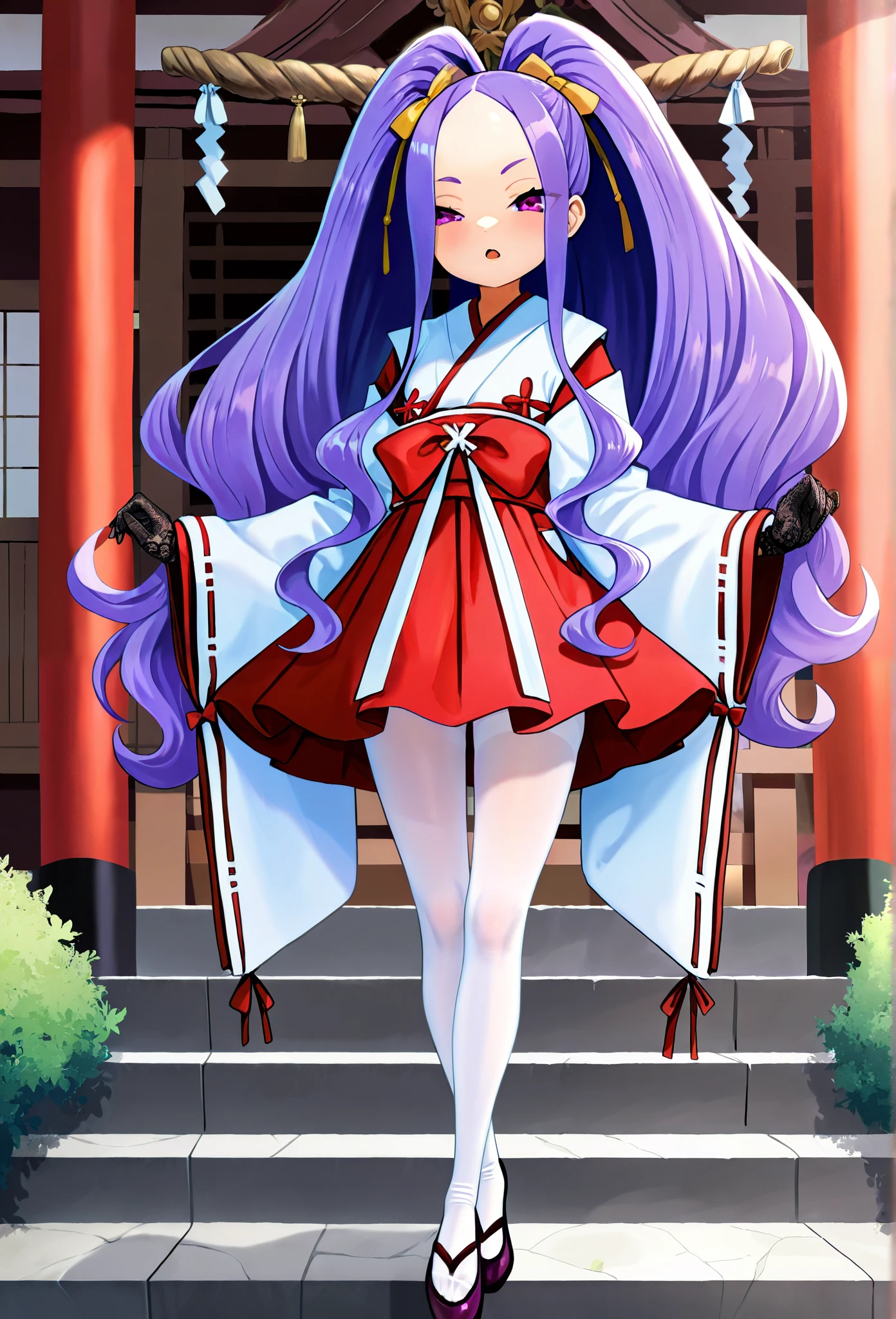 1 Girl, long hair, purple hair, PURPLE EYES , double ponytail, Forehead, Japanese Shrine Maiden, Separate sleeves, skirt, tights outdoor, , highest quality, look great , hair over one eye , high resolution, latest, Waist, white split toe socks, Lace gloves, Wear socks, stockings jacket split toe socks, Cross-legged, Overlap ankles
