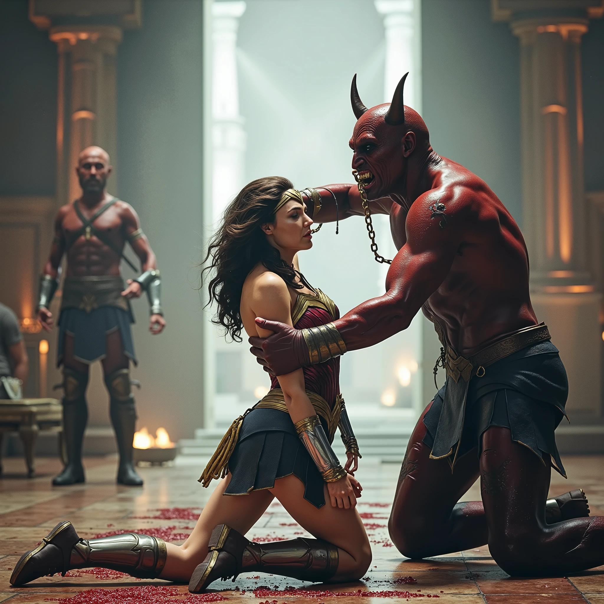 Gal Gadot is Wonder woman, she is kneeling attach to the devil body, a very beautiful Gal Gadot face, very bright white skin, brown hair, painful face, never smile, unconscious, eyes close, bound her arms by chain behind her back, she is defeated, a huge body fierce devil is stand close to her face and strangling her neck with chain, attacking her, rape her, his hands on her neck, photorealistic, hyper realistic, whole body visible, in the night, ancient myth war,