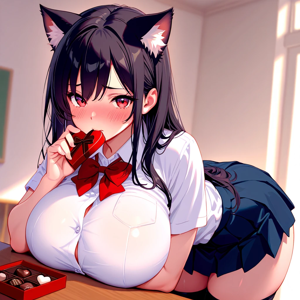 one girl, cat ears, school blazer, naive, pure, girl love me, heart mark, from above, open mouth, wariza, sexy mouth, semen in mouth