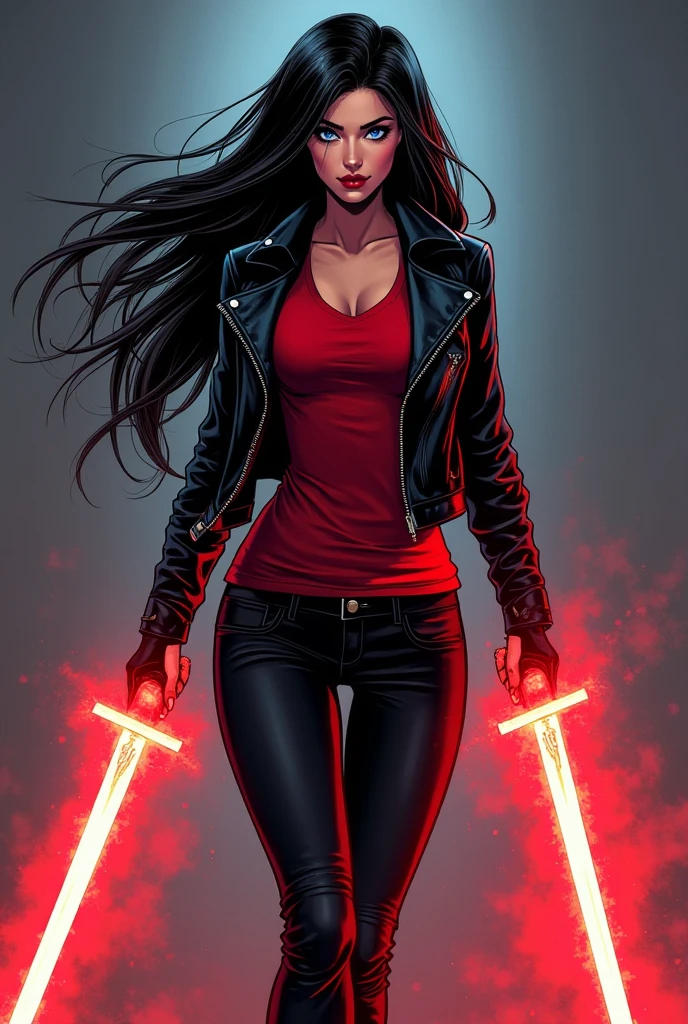 1girl, solo, detailed, masterpiece,HDR, detailed sharp, best quality,
comic style, lineart,
holding energy sword,glowing,star tattoo, glowing eyes, magic,aura,
large breasts,
Sudana,arm tattoo, belt, belt boots, black hair, long hair, makeup, parted bangs, red shirt, green eyes, brown pants,
<lora:Sudana_v01-000002:0.80>