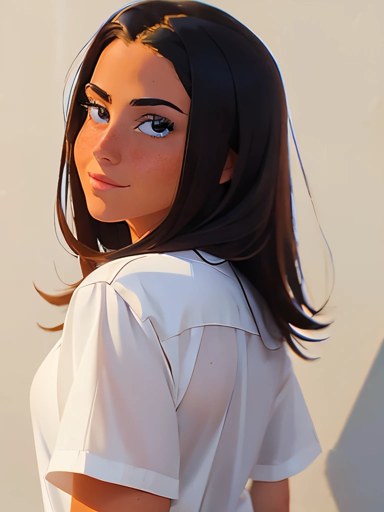anime,(face),(beautiful detailed eyes), black hair,sliver eyes, masterpiece,looking at viewer, best_quality,white background,masterpiece,white shirt, arms behind back,