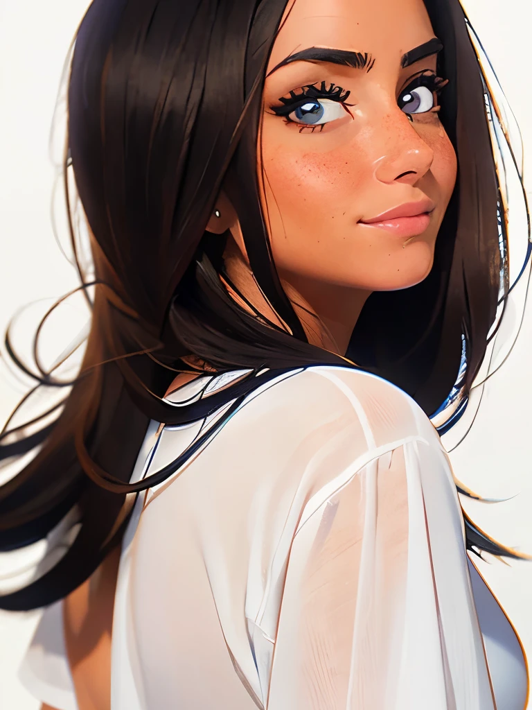 anime,(face),(beautiful detailed eyes), black hair,sliver eyes, masterpiece,looking at viewer, best_quality,white background,masterpiece,white shirt, arms behind back,
