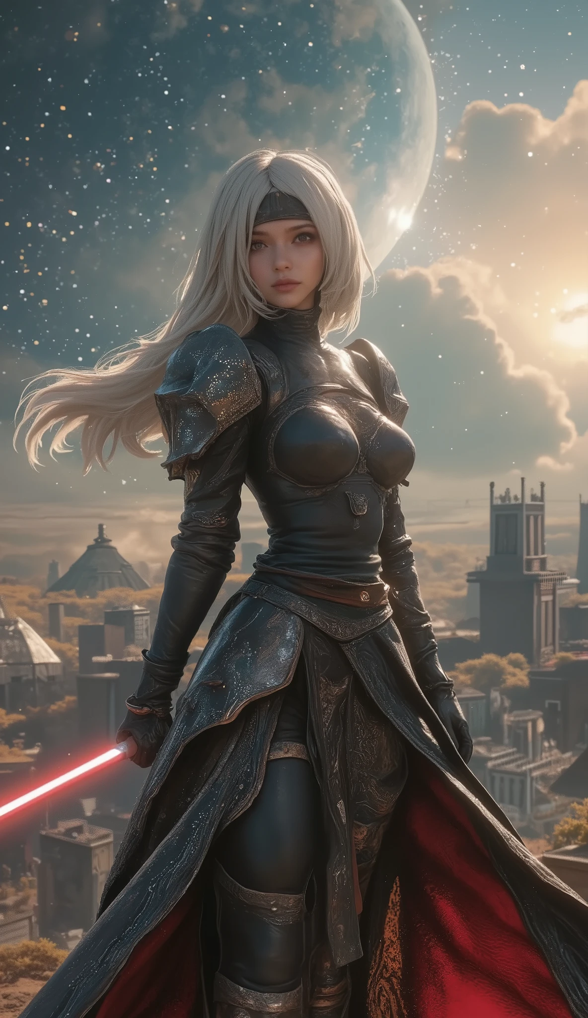 A scene from a George Lucas movie、 masterpiece, top quality , 4K, Mecha,Samurai in Space , Cosmic Space, Lightsaber, Spaceship、planet、Cape, headband , Read more, long hair, gray hair, cyberpunk, depth of field on the shoulder , blurry background,