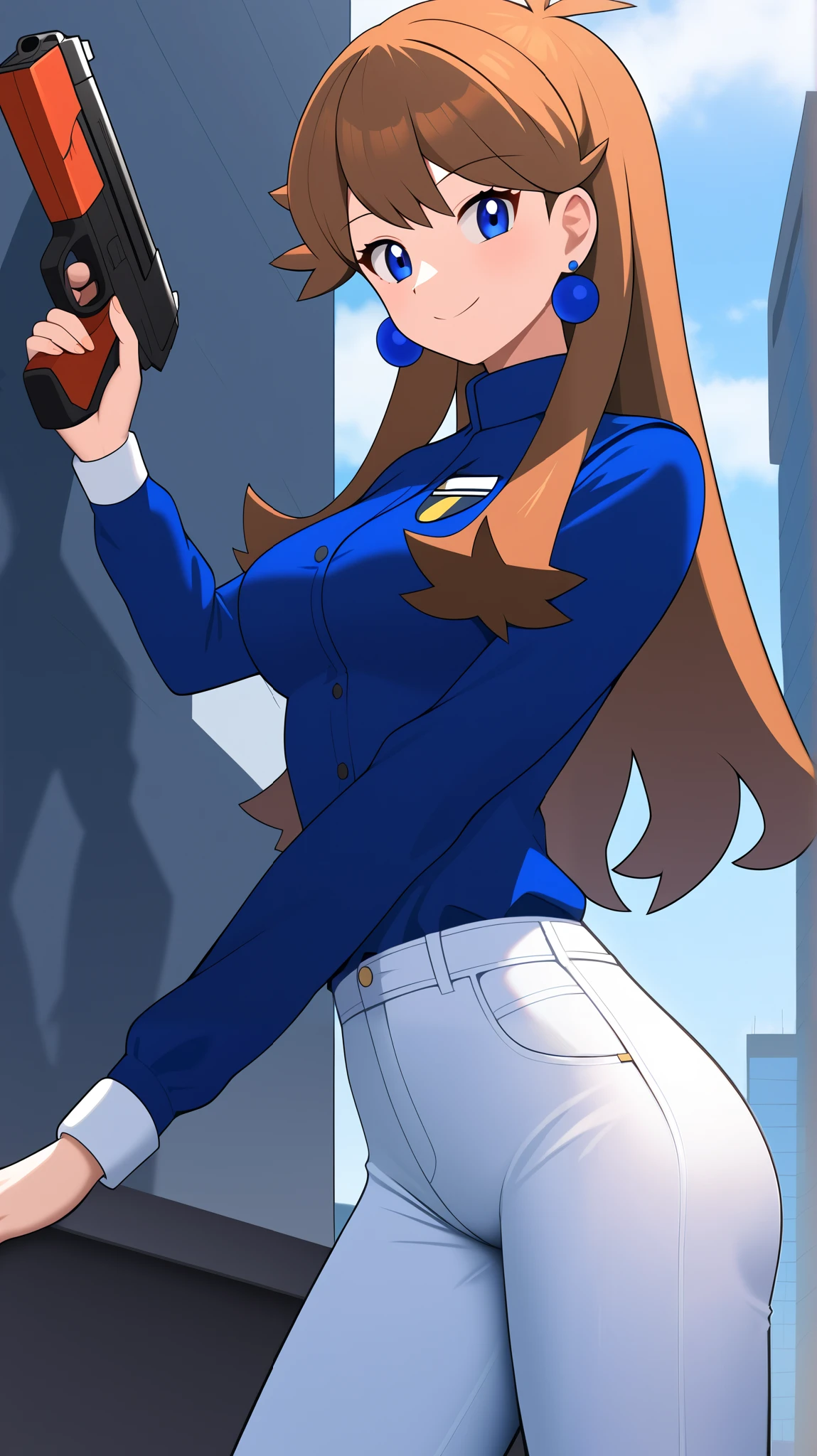 (( top quality)), (( Masterpiece)), (( Details)), 1girl , Two legs, two arms, orange brown hair color, long hair, blue eyes, white long sleeve military uniform , white jeans, Black Boots, blue earrings, sexy smile, seductive smile, Pistol, Watch Viewers , Height, anime coloring book, 1 Female, Age 18, Three idiot hairs , bangs, whole body, slim figure, Ample breasts, City, (\ Pokémon\), score_9, score_8_ excellent, score_7_ excellent, score_6_ excellent, source_Anime, cell shading , flat color, vector,