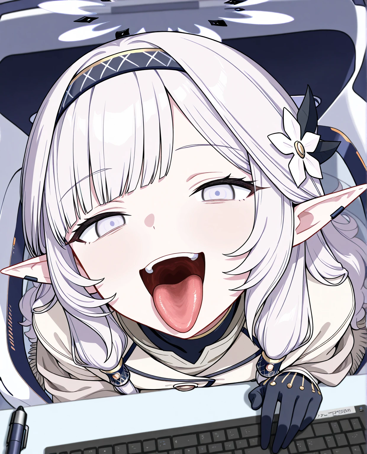 ((masterpiece, best quality)), high resolution,ultra detailed,8k,16k,detailed background, perfect lighting,detailed beautiful eyes, 1girl,solo,nsfw,embarrassed,blush,show ochibi,ff nipple,(steam,sweat:1.2),in heat,heavy breathing,saliva trail,look at viewer,(oral,screaming,show mouth:1.4),ahegao,face focus,portrait,(from above:1.4),(from front),chin up,seductive eyes,fisheye lens,be breathless,stick tongue out,half-closed eyes,kneeling,(cum on face,cum on tongue,cum on hair:1.2),,curvy,pale skin,(anime style,colorful,flat chest,child_body),paimon\(genshin impact\),white hair,black eyes,hair ornament