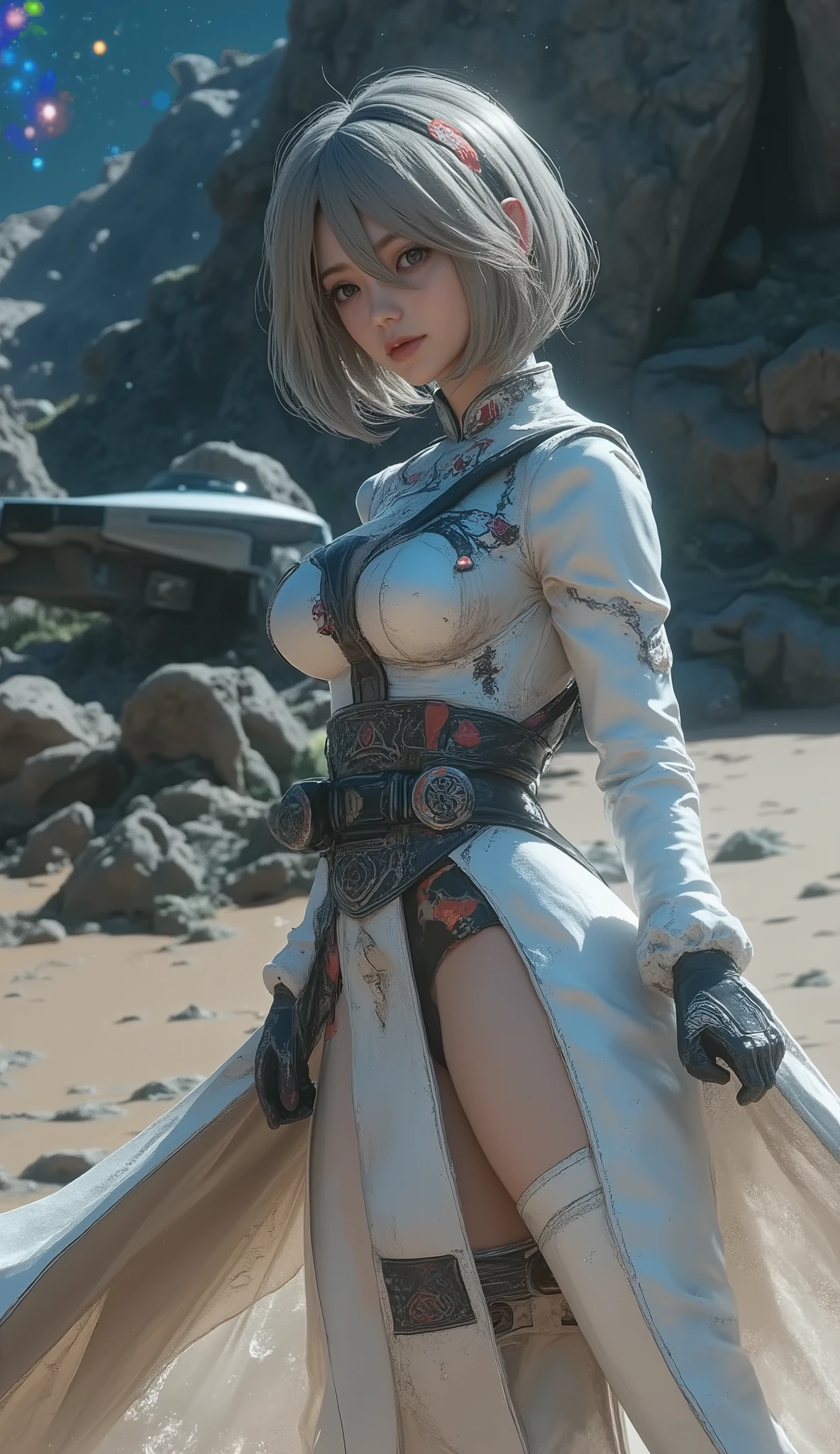 A scene from a George Lucas movie、 masterpiece, top quality , 4K, Mecha,Samurai in Space , Cosmic Space, Lightsaber, Spaceship、planet、Cape, headband , Read more, long hair, gray hair, cyberpunk, depth of field on the shoulder , blurry background,