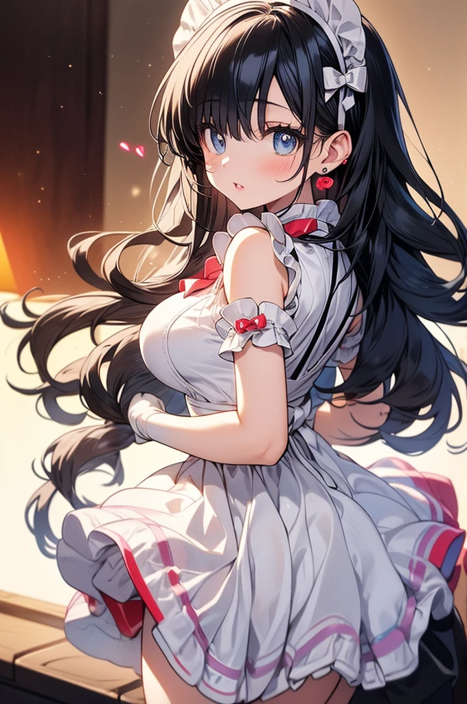 masterpiece, best quality, {best quality}, {{masterpiece}}, {High resolution}, focus, anime style, Cartoon close-up of a woman, girls design, portrait, gisha, anime image, long hair, black hair, Look straight into the eyes, hair covering ears, happy, Polished and powerful look, out of tune, High, freckle, Smile, chic, rich and colorful, beautiful hair color、 beautiful eyes、 beautiful skin、beautiful legs、beautiful arms、perfect fingers、 Very cute，white hair, long hair，white cat ears, white cat tail,best quality，High resolution，top quality，pink bow，slender eyebrows，hair slightly moist，little girl，very young，18 years old，Shy的Smile，Lift up most of the skirt with both hands，Wearing black knee-high socks on the right leg，Wearing white knee socks on left leg，extra large breasts，plump breasts，tall figure，pink bow ，Red eyes，white skirt，Blushed，Shy，凸显extra large breasts，Breasts mostly exposed，Showing big cleavage，Your back is facing me，Show little butt，extra large breasts，exposed breasts，Only a little bit of clothes on the whole body，Dressed in pink Lolita，Skirt has cutouts at the end，The skirt is super short，put hands on legs