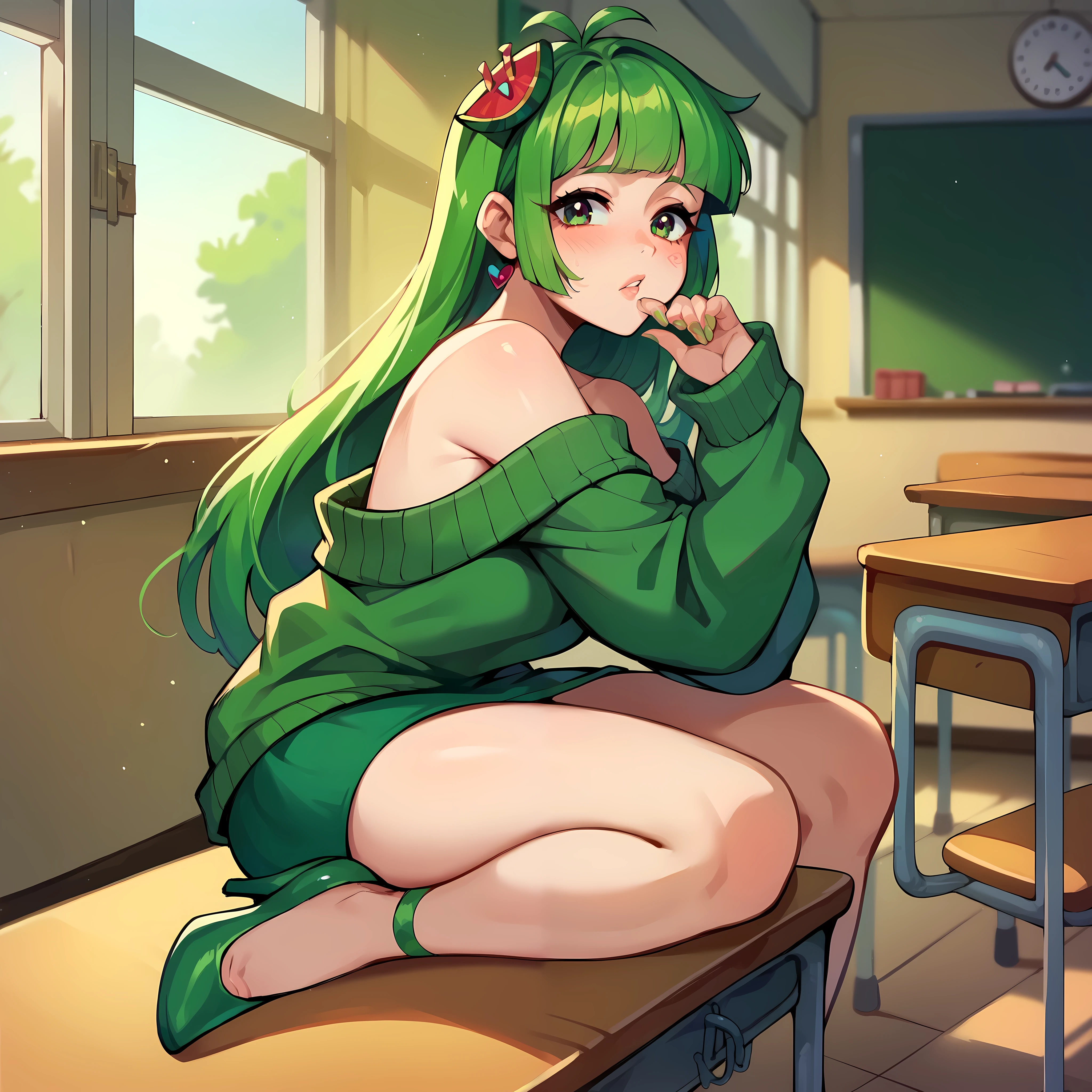 (masterpiece, best quality), 1girl, Vannamelon, indoors, classroom, seated, green eyes, green hair, long hair, green off shoulder sweater, green skirt, red and green heels