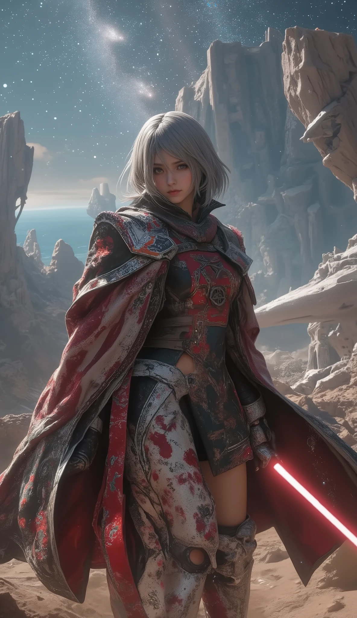 A scene from a George Lucas movie、 masterpiece,   top quality , 4K, Mecha,Samurai in Space ,  Cosmic Space, Lightsaber, Spaceship、planet、Cape,   headband ,  Read more,   long hair,  gray hair,   cyberpunk,    depth of field on the shoulder ,   blurry background,