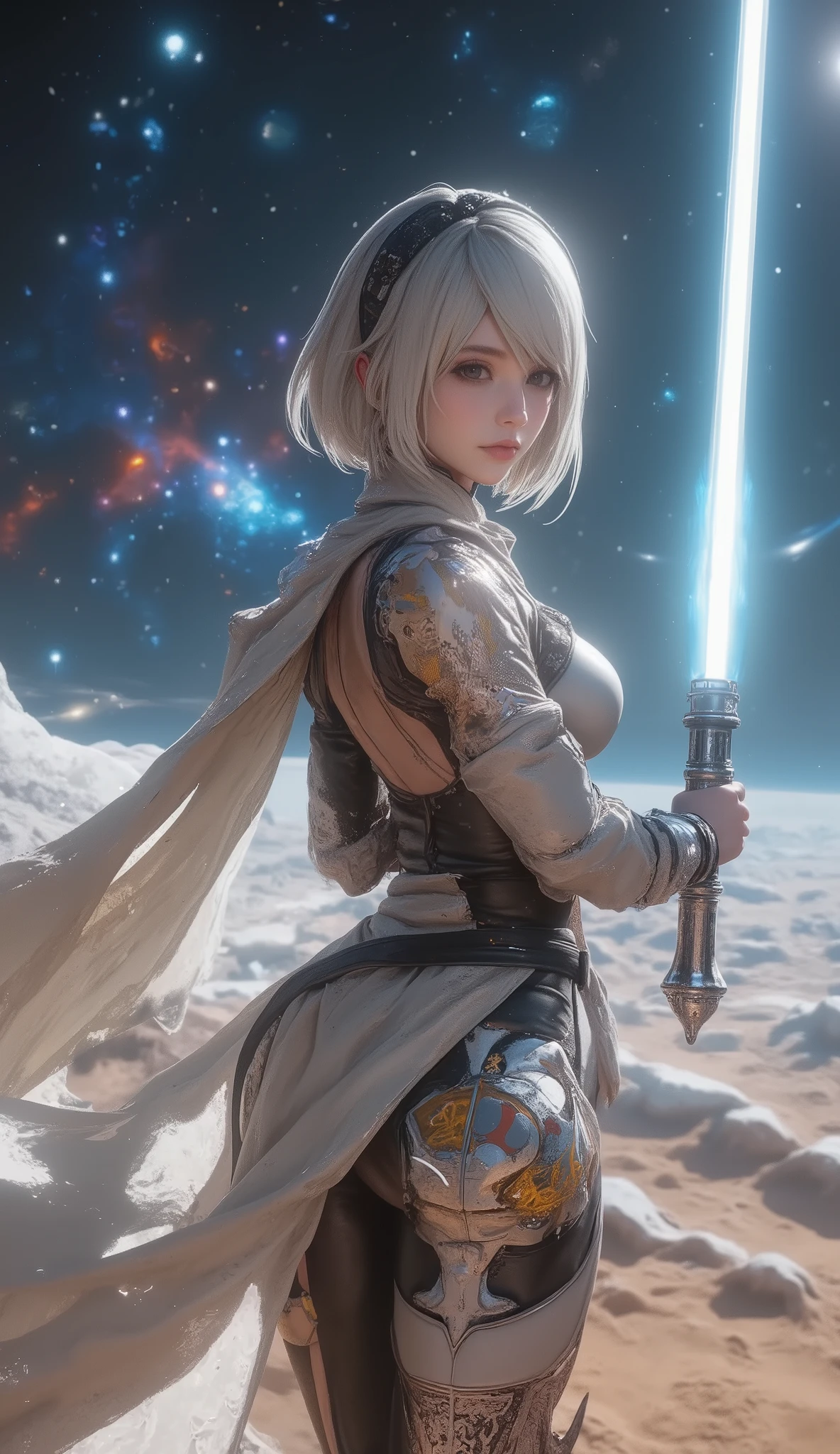 A scene from a George Lucas movie、 masterpiece,   top quality , 4K, Mecha,Samurai in Space ,  Cosmic Space, Lightsaber, Spaceship、planet、Cape,   headband ,  Read more,   long hair,  gray hair,   cyberpunk,    depth of field on the shoulder ,   blurry background,