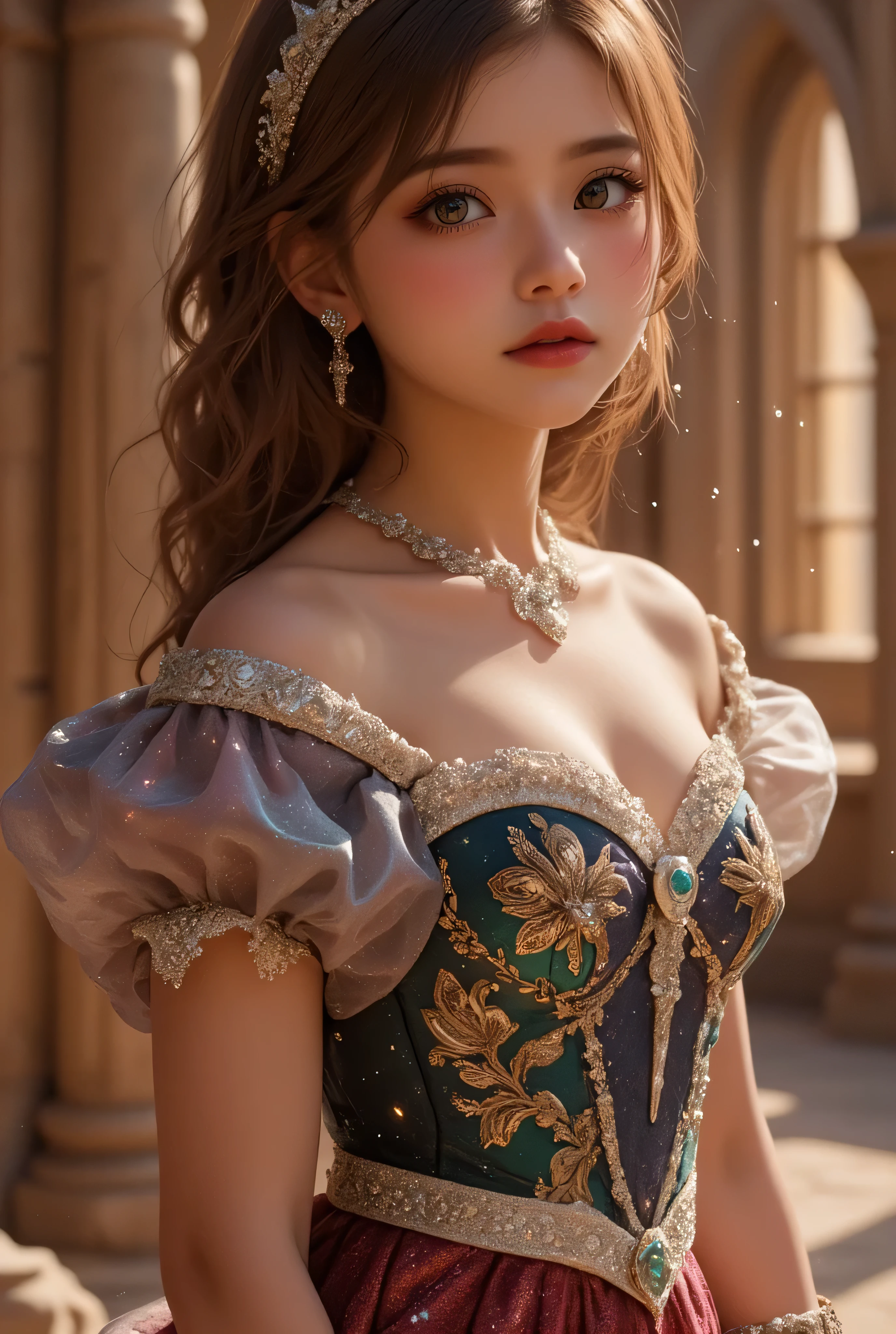lors, deep contrast, super real, pink lipstick, warm atmosphere, cinematic composition, close-up of face. She is wearing a breathtakingly opulent princess dress with flowing, multi-layered fabrics in a mesmerizing blend of royal blue, deep crimson, emerald green, and shimmering violet, creating a dazzling gradient effect. The dress is adorned with intricate golden and silver embroidery, forming delicate floral and celestial patterns, intertwined with radiant, sparkling gems in shades of sapphire, ruby, emerald, and amethyst. The off-shoulder design is enhanced with sheer, shimmering fabrics that drape elegantly, catching the light like woven stardust. Her bodice is encrusted with fine jewel embellishments, and a beautifully detailed silver and gold belt cinches her waist, adding to the regal elegance. She also wears a dazzling gemstone necklace, a delicate tiara of intertwined silver and gold adorned with pearls and precious stones, and an exquisite matching bracelet.

She stands gracefully in front of a magnificent castle with towering spires, intricate stonework, and glowing stained-glass windows that cast a kaleidoscope of colors onto the grand courtyard. The castle is bathed in the golden light of a setting sun, with the sky painted in warm hues of orange, pink, and purple. Ethereal sparkles fill the air, adding a magical glow to the scene. Her expression is serene, confident, and regal, exuding the grace and charm of a true fairy-tale princess in a fantastical, enchanted world.
