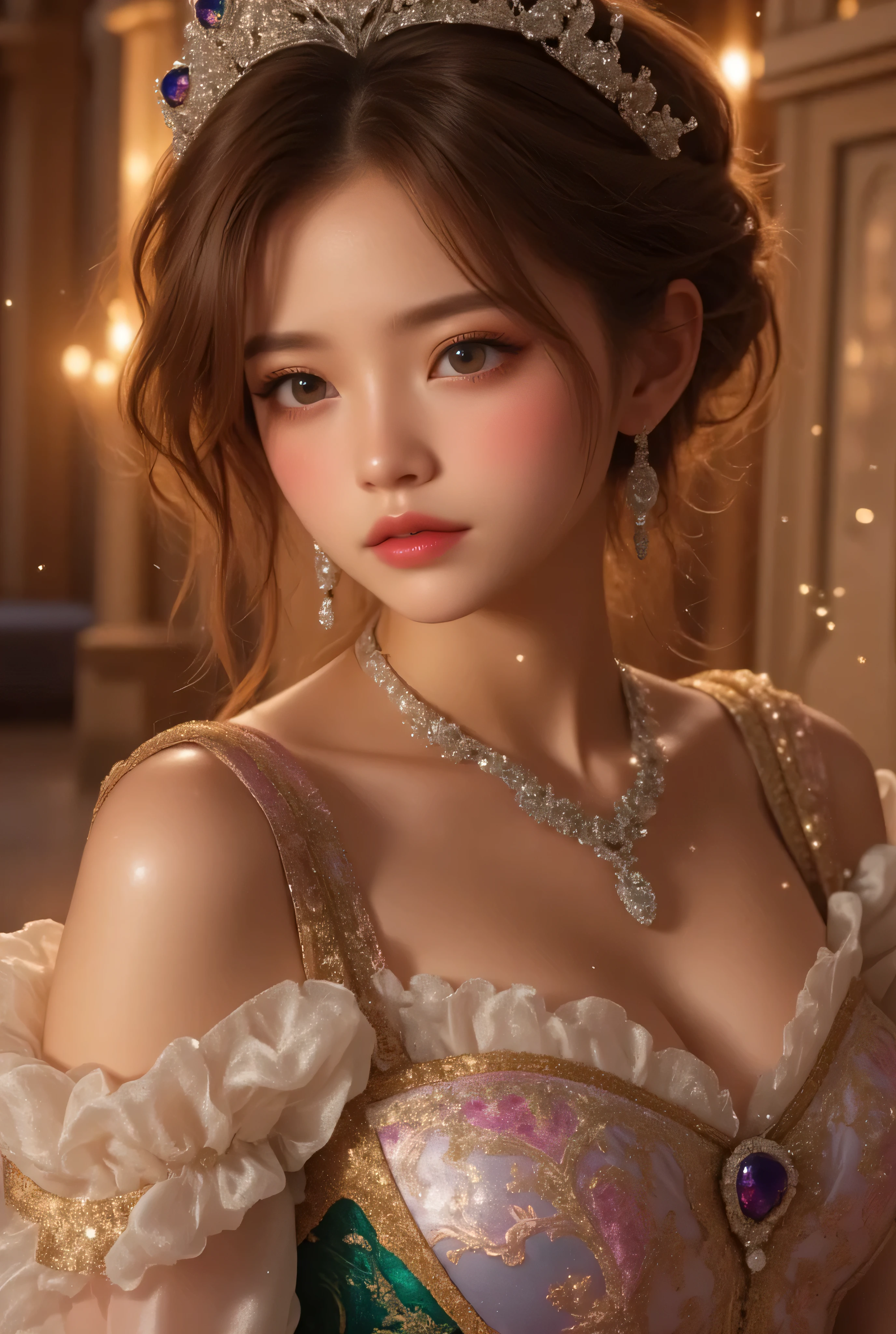 lors, deep contrast, super real, pink lipstick, warm atmosphere, cinematic composition, close-up of face. She is wearing a breathtakingly opulent princess dress with flowing, multi-layered fabrics in a mesmerizing blend of royal blue, deep crimson, emerald green, and shimmering violet, creating a dazzling gradient effect. The dress is adorned with intricate golden and silver embroidery, forming delicate floral and celestial patterns, intertwined with radiant, sparkling gems in shades of sapphire, ruby, emerald, and amethyst. The off-shoulder design is enhanced with sheer, shimmering fabrics that drape elegantly, catching the light like woven stardust. Her bodice is encrusted with fine jewel embellishments, and a beautifully detailed silver and gold belt cinches her waist, adding to the regal elegance. She also wears a dazzling gemstone necklace, a delicate tiara of intertwined silver and gold adorned with pearls and precious stones, and an exquisite matching bracelet.
She stands gracefully in front of a magnificent castle with towering spires, intricate stonework, and glowing stained-glass windows that cast a kaleidoscope of colors onto the grand courtyard. The castle is bathed in the golden light of a setting sun, with the sky painted in warm hues of orange, pink, and purple. Ethereal sparkles fill the air, adding a magical glow to the scene. Her expression is serene, confident, and regal, exuding the grace and charm of a true fairy-tale princess in a fantastical, enchanted world.