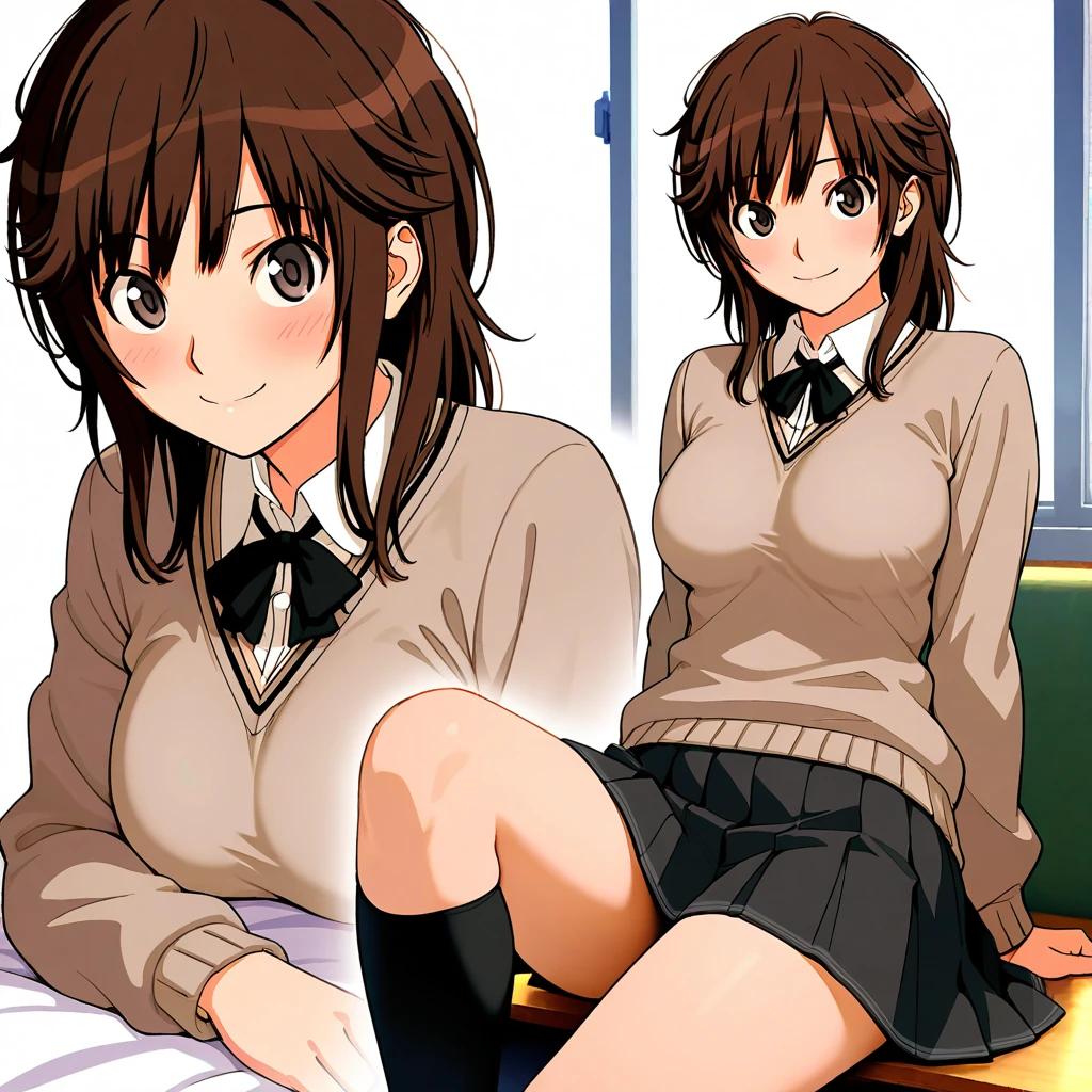 (masterpiece, Highest quality:1.2),shape,8K,High resolution,1 Girl,alone,Upper Body,(Portraiture:1.rm, loose socks, Short sleeve, Grey Skirt, Pleated skirt, White panties from below, ((whole body)), ((Multiple Views))Lift your legs, Fluttering skirt, Sitting, Get on my ass,official anime style,amagami,Sakurai Rihoko