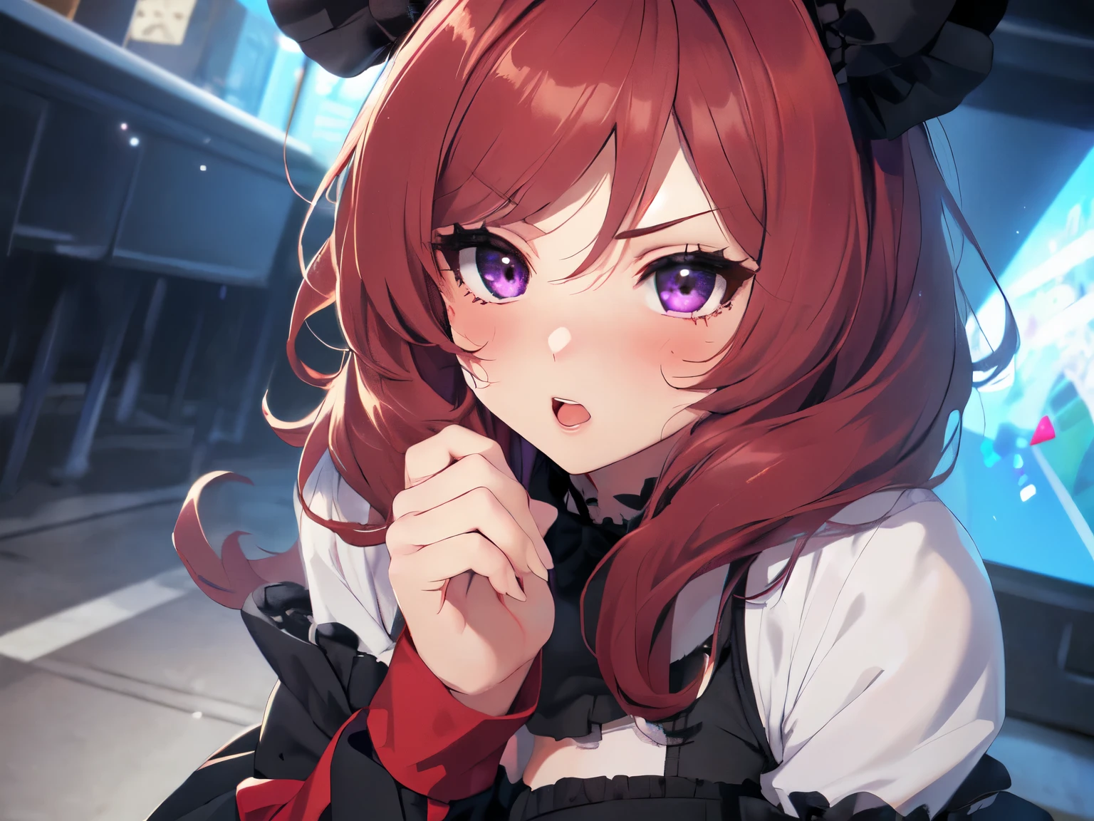 (solo, girl with horse ears and tail), athlete, ((all black outfit, all black suit, black pantyhose, black skirt)), long red hair, (arms crossed, naughty pose), orgasm face, purple eyes, blushing, (petite body, chubby, short arms, short torso, thick short legs), drooling, (crystal zone, ground covered with crystals, crystal forest, starry sky, strong wind), ((focus on breasts, close-up of upper body))