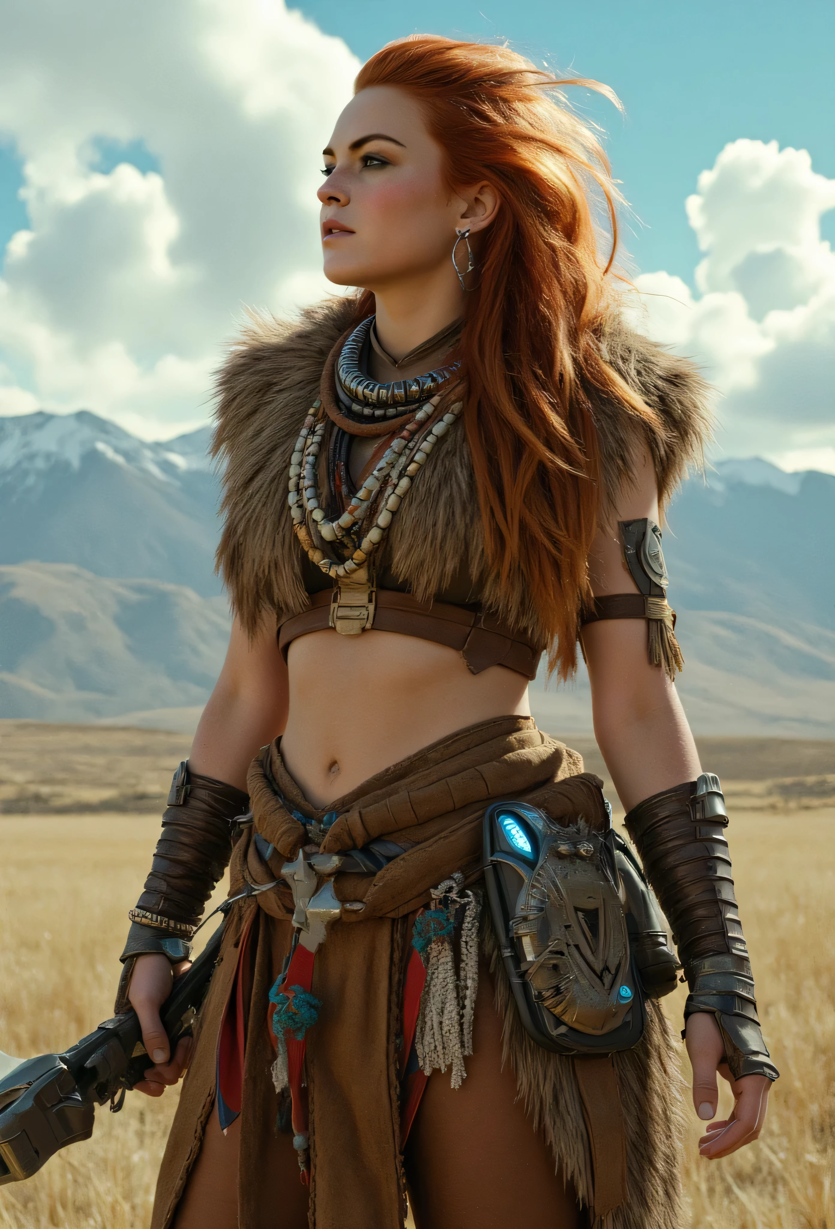 professional studio photo shoot of Lindsay Lohan as Aloy, fierce female warrior, stands, gazing into the horizon with determination, wears a mix of tribal and futuristic attire, blending fur, leather, metal elements, long flowing red hair moves with the wind, face marked with war paint, holds a high-tech bow with glowing accents, an arrow nocked and ready, outfit adorned with intricate beadwork and fabric strips that flutter in the wind, dramatic sky filled with billowing clouds, distant mountains, post-apocalyptic primitive world, sleek fitted look, Fujifilm XT3, F/8, photo-realistic face, upper body, cowboy shot, w4rh4mm3r style oil painting