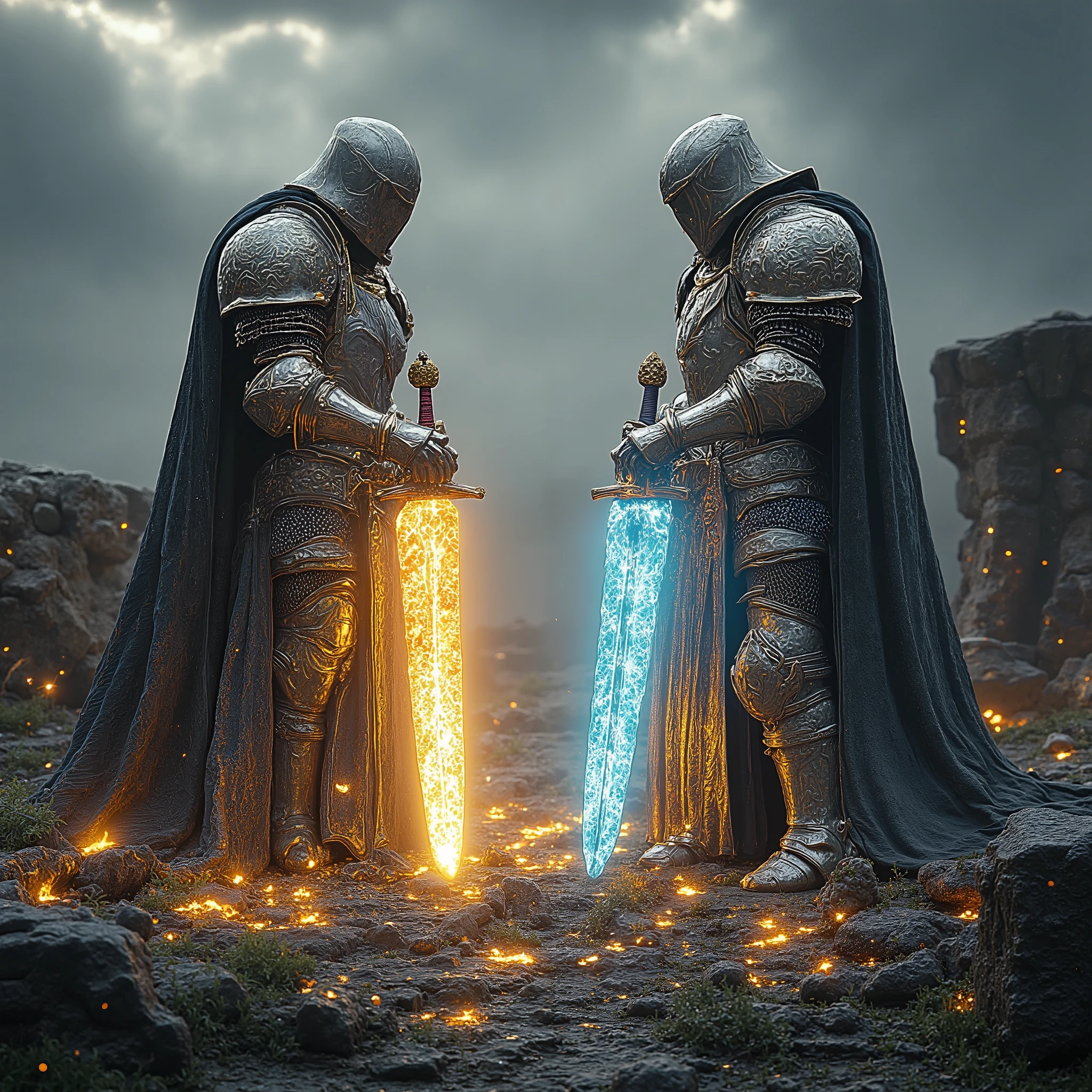 An ultra-realistic and highly detailed scene of two knights in an epic duel in a fantasy setting. Both wear majestic armor with intricate carvings and shimmering under cinematic lighting . One of the knights holds a flaming magic sword that shines with golden flames , while the other wields a blade Shrouded in a mystical blue glow . The battle takes place in the middle of an ancient field , with stone ruins surrounding and a dense fog on the horizon . Sparks fly when swords collide , and particles of magical energy illuminate the scene . The background is dramatic, with a sky full of stormy clouds , where rays shine in the distance . The image presents an ultra realistic quality in 8K , with intense cinematographic lighting , detailed textures , realistic shadows and impressive sharpness , capturing the grandeur of the confrontation . --with 16:9