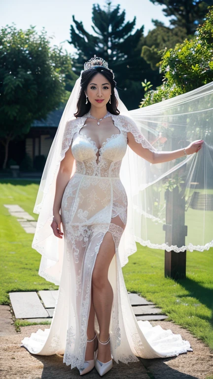 ((best quality)), ((masterpiece)), (detailed), perfect face, american wedding dress, 4K, Big Boobies, straight hair, blue eays, red lipstick, white body, full body, wedding Crown on hed
