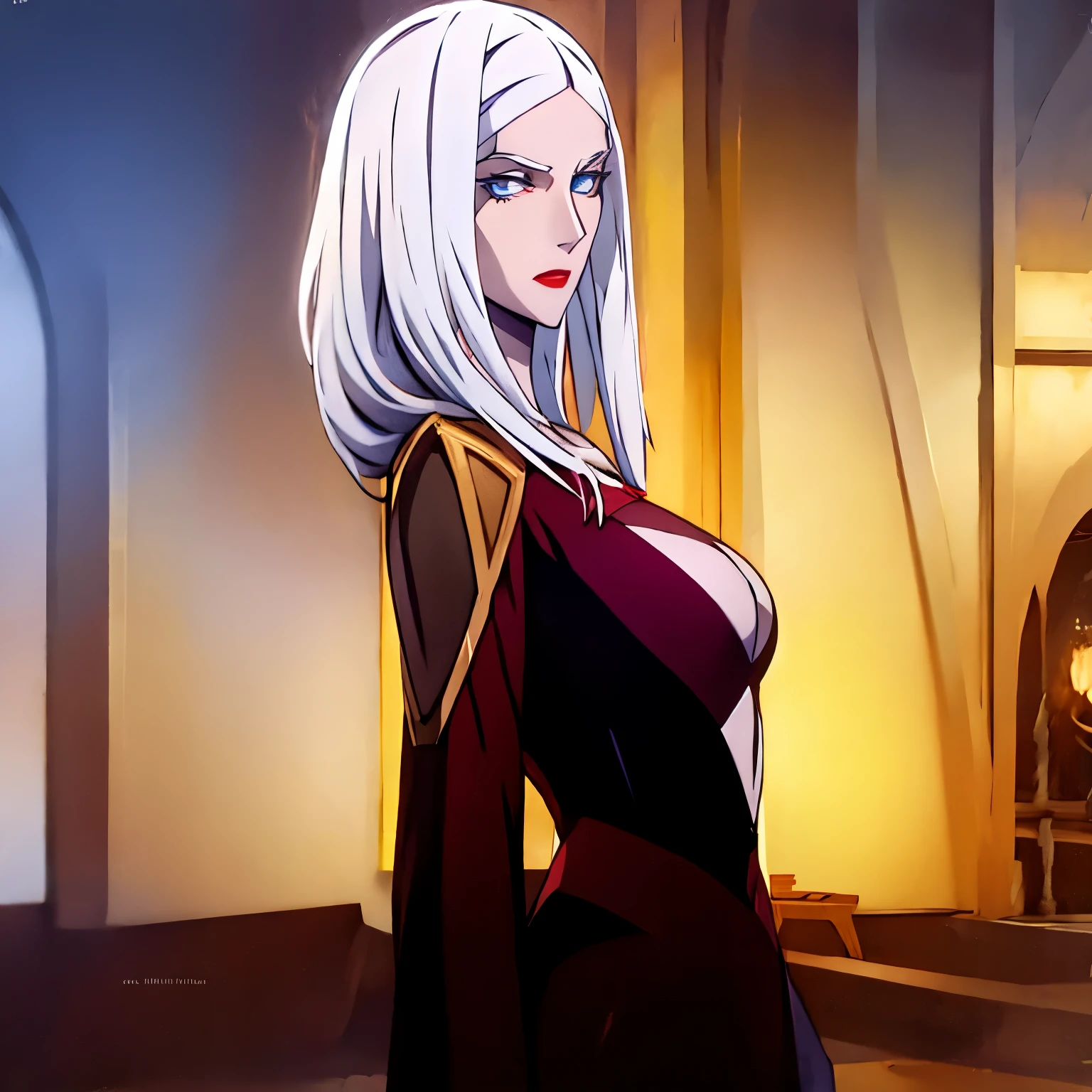 carmilla, Medium Breasts, white hair, beautiful face , blue eyes, (masterpiece1.2), better quality, absurdities, high resolution, extremely detailed wallpaper , Perfect lighting , blue eyes, sexy,light saber, double red light saber,sthoutfit