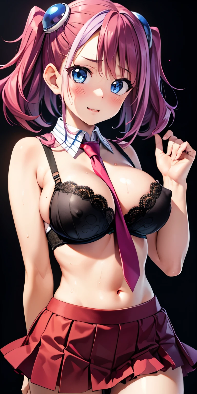 1 Female,High definition,high resolution,Ultra-realistic,8K,hy1, hair ornament, multicolored hair, blue eyes, jewelry ,necktie, skirt, tight skirt,miniskirt,sleeveless, school uniform,standing, solo, standing, masterpiece, best quality, detailed face, detailed eyes, highres,European,sexy,Photographed from the front,Dynamic Angles,blush, (big tits),(cleavage),cute face, facial, sweat, perfect face, perfect body,(wide thighs:1.3),cute face,(upper body),(holding her tits),black background ,(black lace bra), nipples