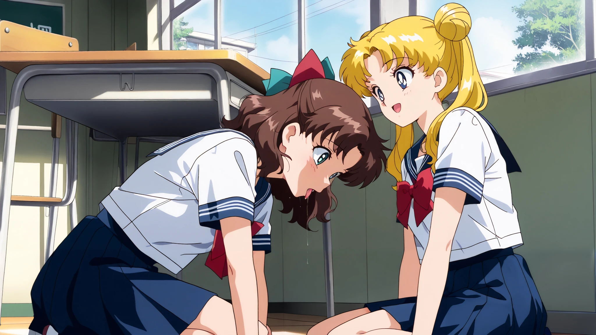 (masterpiece, best quality, very aesthetic , ultra detailed), intriguing details, happy, with friends, brown hair, medium hair, wavy hair, teal hairbow, teal eyes, summer japanese serafuku, small breasts, school room, table, window, chiar, tokyo, detailed background, intricate details, day, anime style, (ultra sharp, beautiful detailed face, dynamic shadow, Super Detailed, extremely detailed face) and friend (aausagi, blonde hair, double bun, long twintails, parted bangs, blue eyes, summer japanese serafuku, red bow), cunnilingus, kneeling, implied cunnilingus, from side, lady, under table, stealth fellatio, shadow, nsfw, explicit