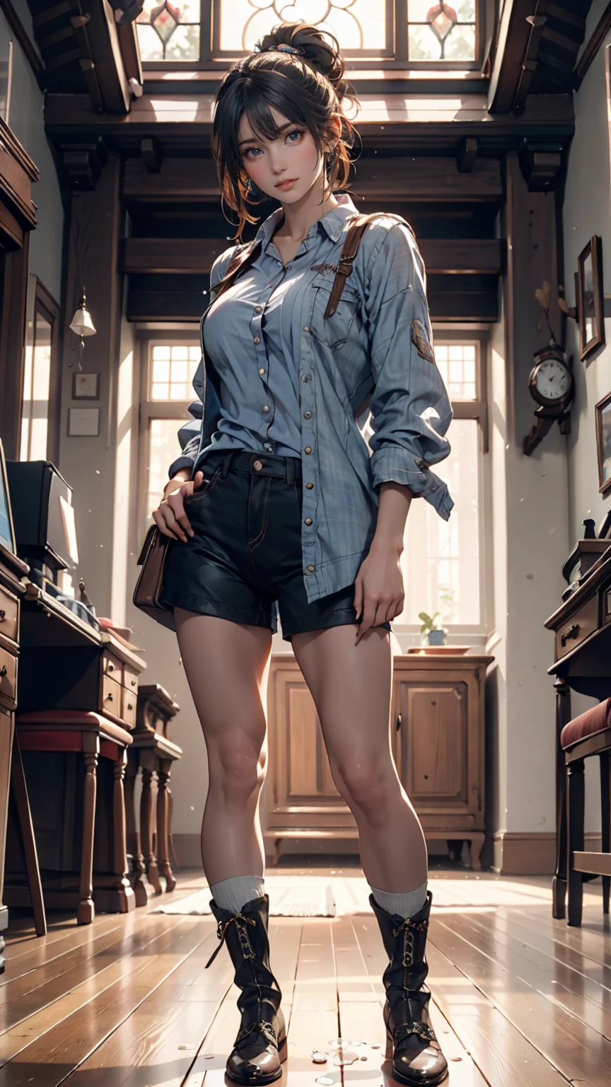 RebeccaRE, 1girl, solo, short hair, gloves, pants, brown hair, shirt, belt, denim, book, t-shirt, pouch, fingerless gloves, arms up, jeans, standing, realistic, arms behind head, bookshelf, from below, black gloves, rebecca chambers
<lora:epi_noiseoffset2:1>,  <lora:RebeccaRE:0.7>