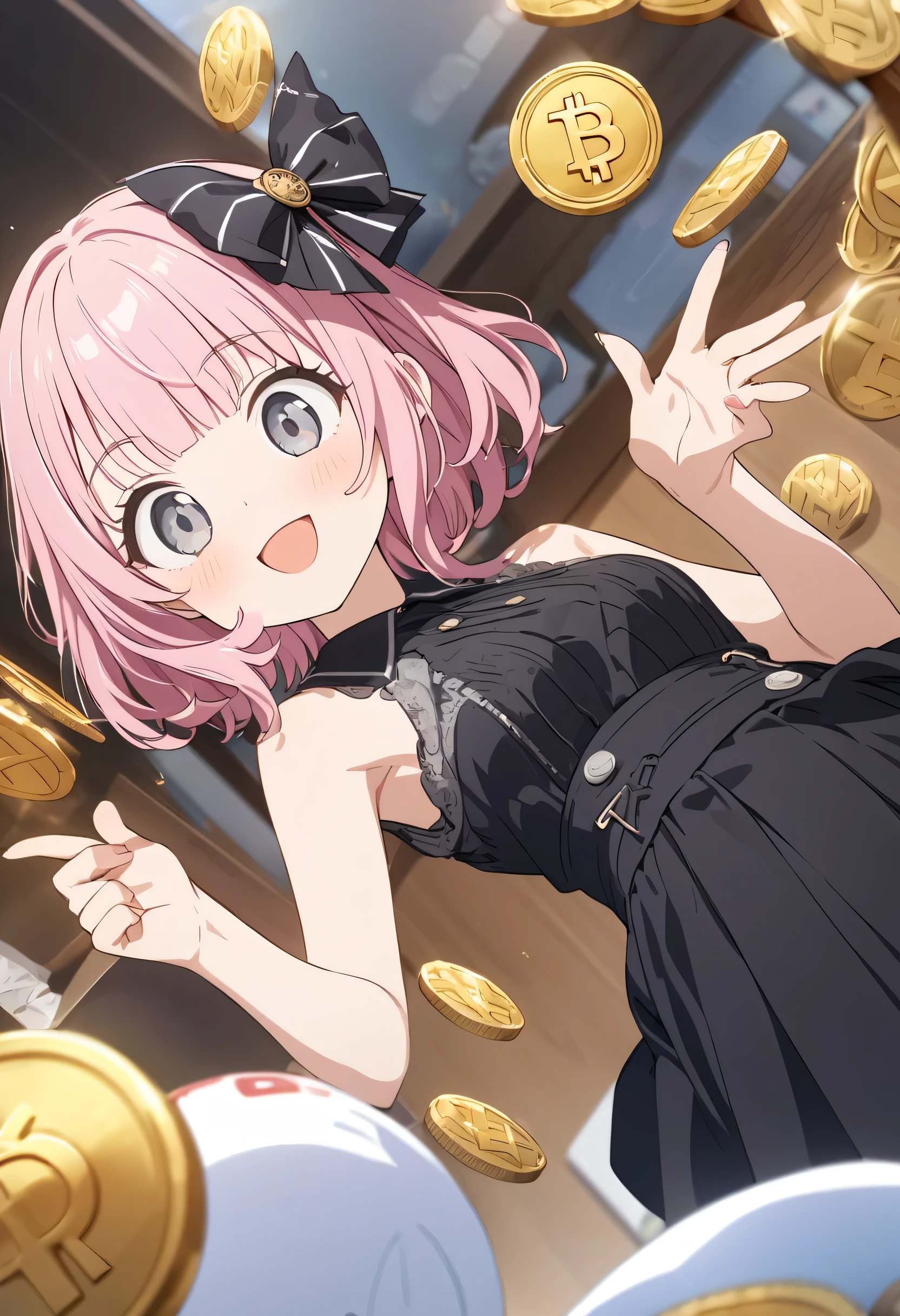 ((fullbody)), Source Anime, (Masterpiece), (Best Quality)), (Very Detailed), ((Cute)), (Amazing), (Detailed)), 4K, (8k), Highest Quality , (beautiful), perfect anatomy, ((perfect hands)), (perfect fingers)
ultra-definition depiction,
break
(( 1girl )), 's ears oldhort hair, quick bangs、round face、,, pink hair, ((grey eyes)), hair bow, cute eyes, smile, jirai, natural make up
BREAK
((Japanese begineer driver markが胸に付いている))、((salute)), The background or frame is a background with rounded corners , Dutch Angle,
BREAK
gold and silver coins on the background、Bitcoin logo on background、Ethereum logo