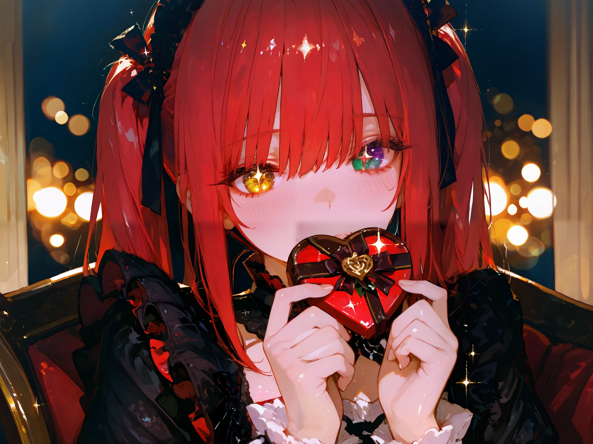 1girl, gothic dress, red and black frills, twin tails, heterochromia, holding chocolate, valentine theme, antique chocolate shop, warm lighting, golden glow, elegant background, baroque style,748cmstyle,luisap,shiny skin, detailed textures, romantic atmosphere, luminous sparkle, bloom effect, bokeh effect, chiaroscuro, digital painting, ultra-detailed, 8K, masterpiece, ray tracing, UHD, retina, masterpiece, accurate, anatomically correct, textured skin, super detail, high details, high quality, best quality, highres, 1080P, HD, 16k