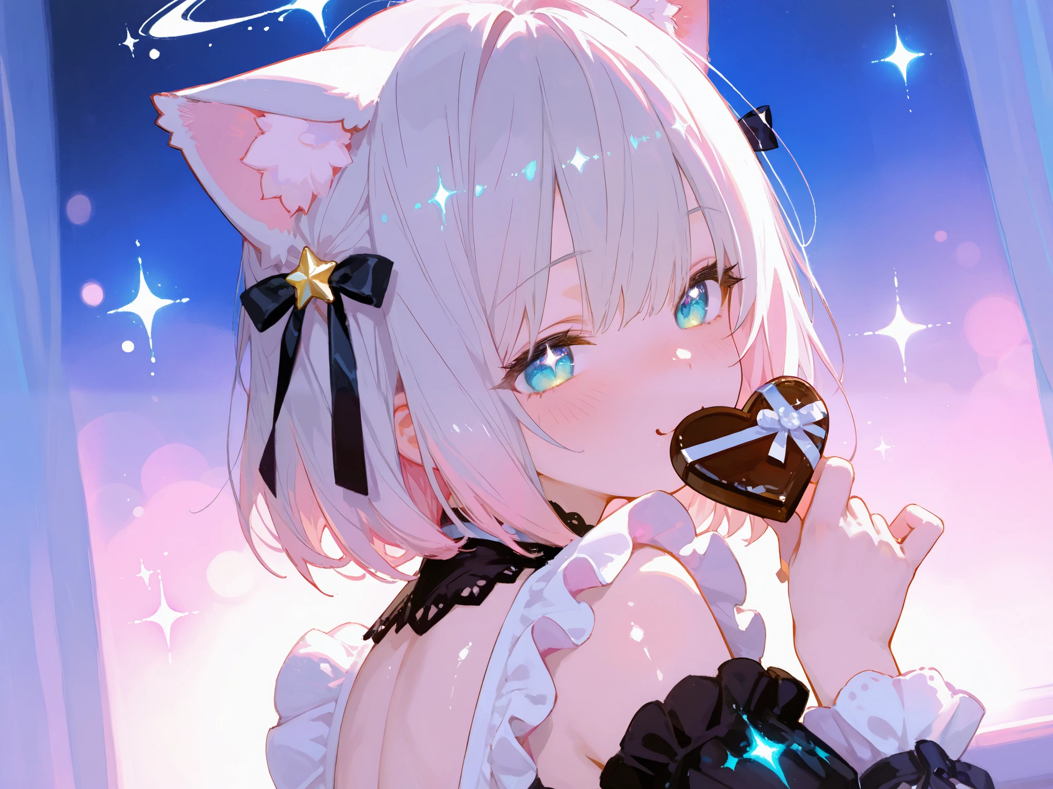 1girl, from back, very cute, chibi style, silver short hair, winking, pink frilled dress, black ribbons, cat ears, holding heart-shaped chocolate, playful expression, soft pastel color, glowing background, dreamy atmosphere, twinkling stars, soft lights, magical aura, kawaii style, digital painting, star dust, luminous sparkle, glow effect,748cmstyle,luisap,shiny skin, high quality, ultra-detailed, 8K, fantasy lighting, ray tracing, UHD, retina, masterpiece, accurate, anatomically correct, textured skin, super detail, high details, high quality, best quality, highres, 1080P, HD, 16k