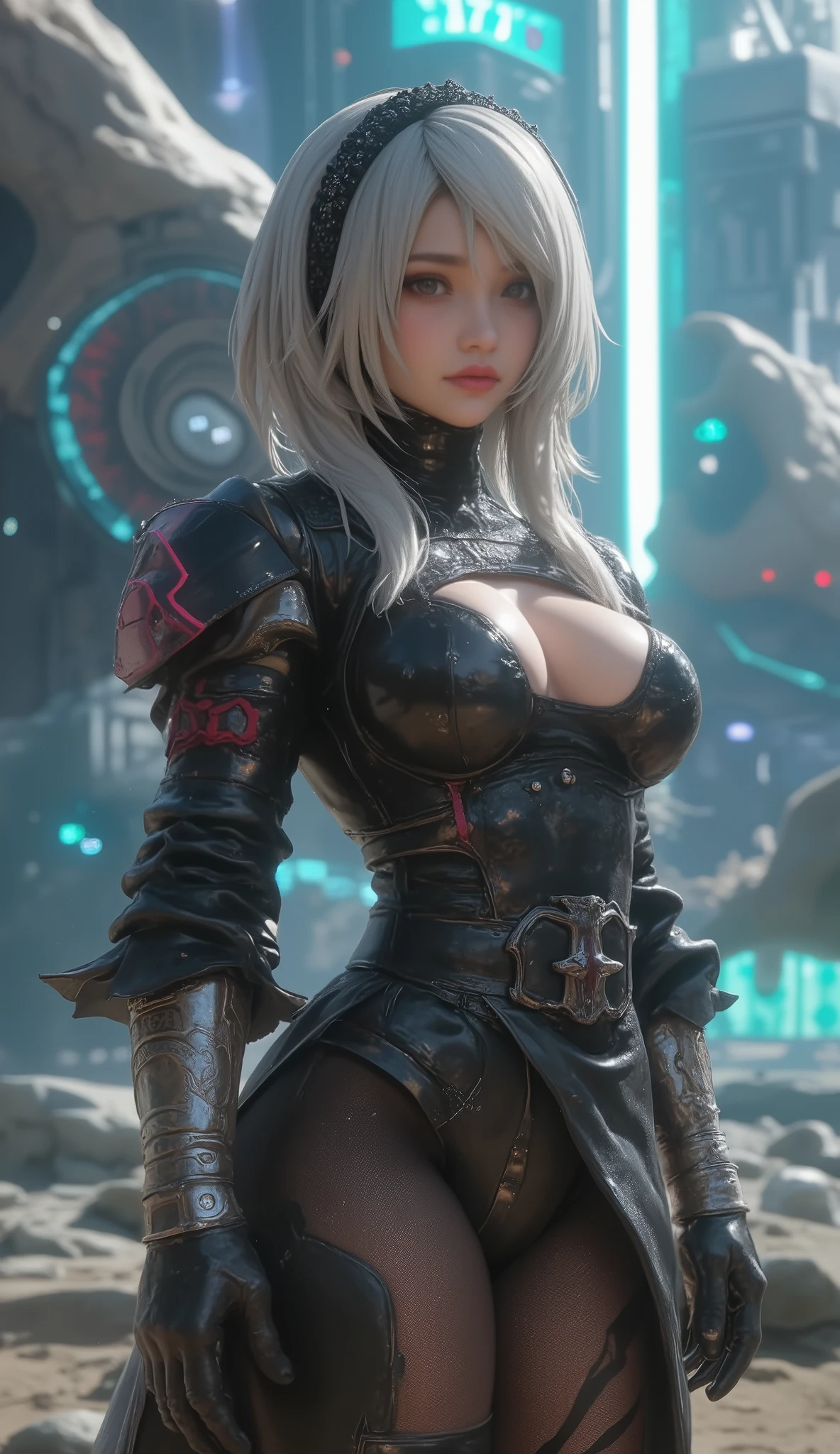 A scene from a George Lucas movie、 masterpiece, top quality , 4K, Mecha,Samurai in Space , Cosmic Space, Lightsaber, Spaceship、planet、Cape, headband , Read more, long hair, gray hair, Big Breasts、 deep cleavage at the tip of the nipple、 cyberpunk, depth of field on the shoulder , blurry background,