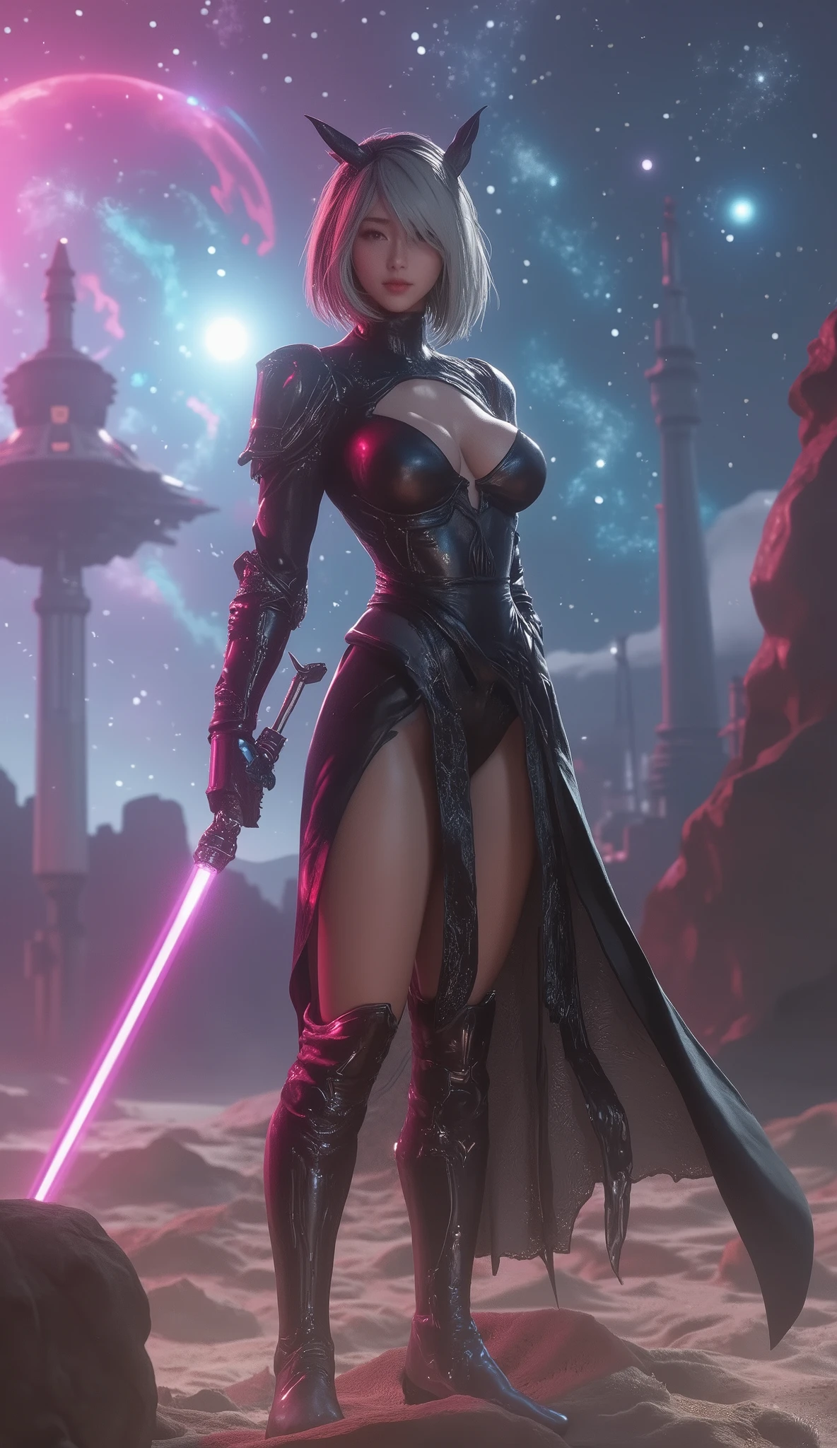 A scene from a George Lucas movie、 masterpiece, top quality , 4K, Mecha,Samurai in Space , Cosmic Space, Lightsaber, Spaceship、planet、Cape, headband , Read more, long hair, gray hair, Big Breasts、 deep cleavage at the tip of the nipple、 cyberpunk, depth of field on the shoulder , blurry background,