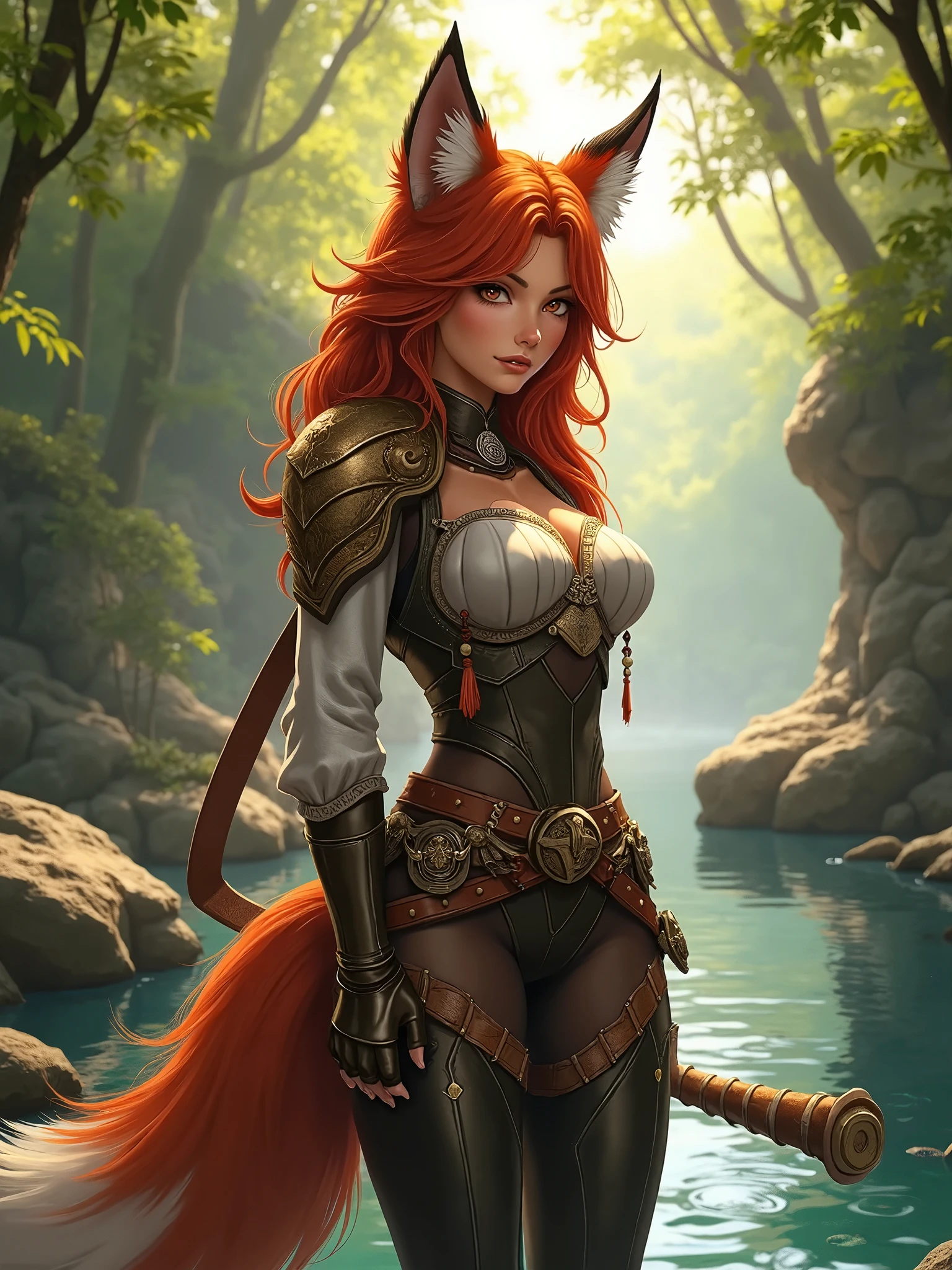 A fierce wild elf Zuleyka with long red hair, pointed ears, green eyes, freckles, thin lips, round face, large bust, wide hips, toned arms and thighs, wearing a light silver armor, fish scale mail covering the bust, silver pauldrons, tattered leather loincloth, long leather gloves, long leather boots, holding a serrated blade sword, an aggressive and feral character, taming saber-toothed tigers Mabu and Gobu as her pets.