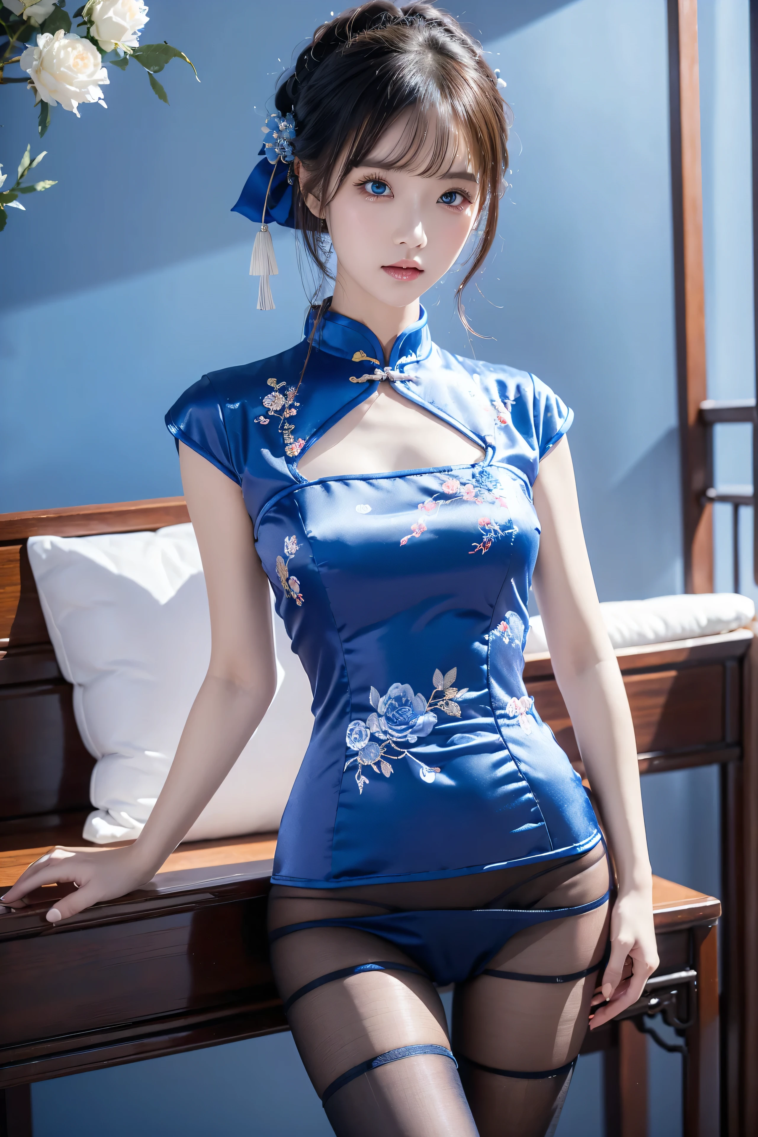 girl, high quality, Very detailedな, Crazy Details, 4k quality (Cinematic digital artwork: 1.3), high quality, 最high qualityの, Very detailed, shape, [4k digital art]、 Indiasug nr, (Sharp focus: 1.5), Written boundary depth, 4k 、High resolution, Very detailedな, Highly detailed CG Unity 8k、32k, 超High resolution、wallpaper, Realistic, Photorealistic, Raw photo, beautiful and Detailed face, White skin, Realistic glowing skin, Detailed hair texture, Perfect body, Healthy Body、big breasts, Beautiful Face, Acura, Anatomically correct, highly Detailed face, Eye and skin texture, Natural neck length, (Beautiful Eyes), (Beautiful Hands), (Glowing Skin:1.2), (Beautiful feet), Thin legs, knowledgeable person、Detailed face、Detailed Background、 (Live Action、Intricate details)、 Dramatic Compensate、Compensate、eye make up、eyeliner、eye shadow、Lilac Contact Lenses、((Blue cheongsam))、((Blue Chinese clothing))、((Mini length))、Show off your thighs、Wide Shot