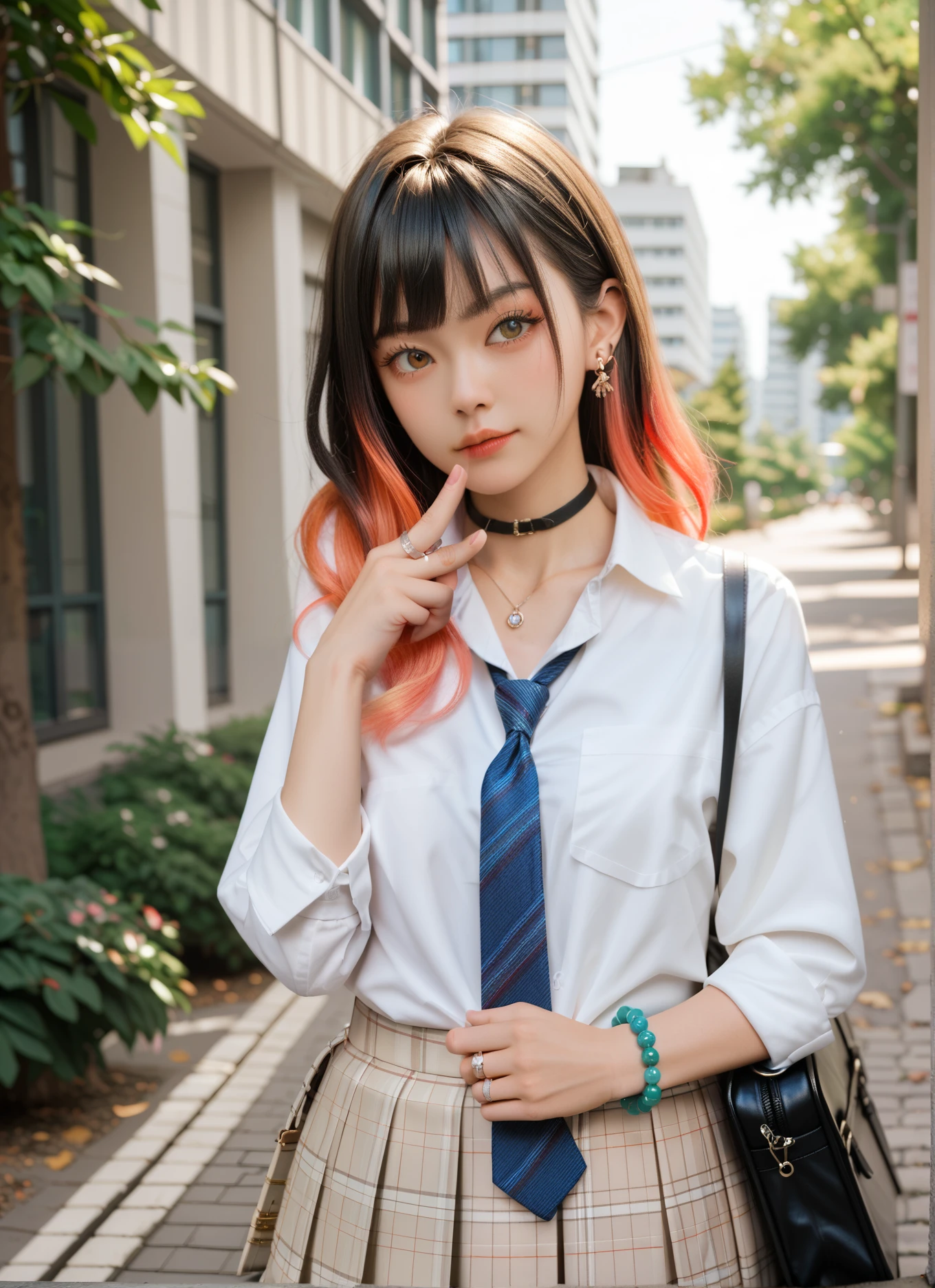 Masterpiece, top quality, is watching viewers, green, Japanese, ktgw , long hair, Swift Bangs, multi-colored hair , color chip , blond hair, Brown Eyes, chest, ear piercing, bead bracelet, Long-sleeved shirt with arms rolled up, tied shirt , bracelet, ring, pendant choker , white collared shirt, tie shirt, blue tie, pleated skirt, Plaid Skirt , v overeye , school bag, holding strap, outdoor, ãã©ã¹ , tree, sunlight, Sidewalk, building,