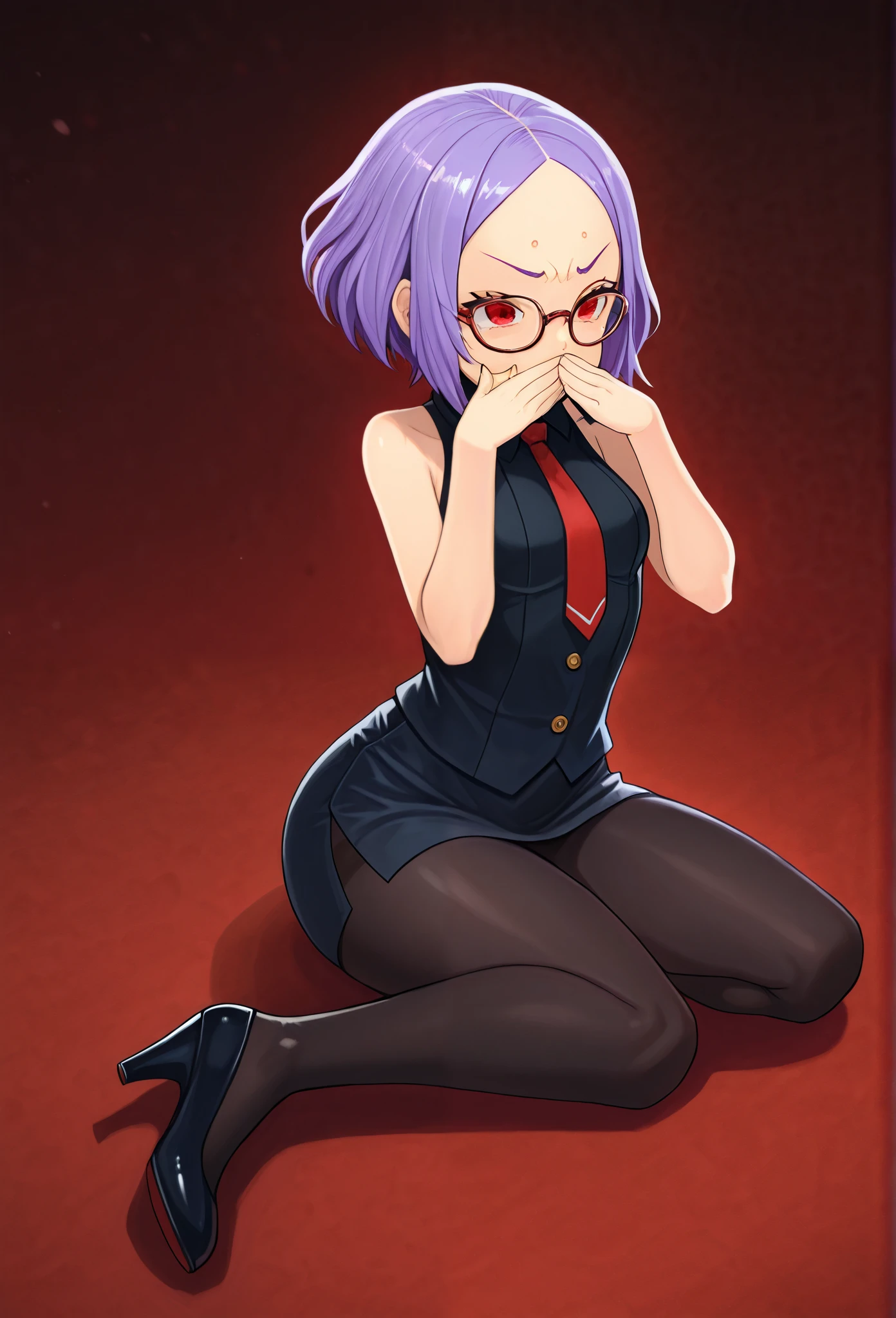 1 Girl, purple hair, red eyes, short hair, Forehead, Eye occlusion, glasses, black shirt, Red tie, sleeveless , highest quality, look great , ridiculous, high resolution, latest, Waist, hip-covering skirt , black pantyhose , short heels , Put your hands around your mouth
