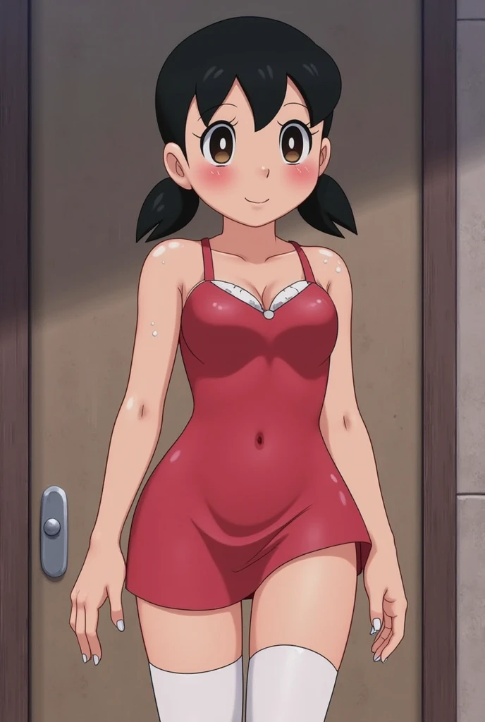 Beautiful woman, extremely sexy body detailed large breasts looking directly into camera, with sexy look, sexy dress,choker, camel toe