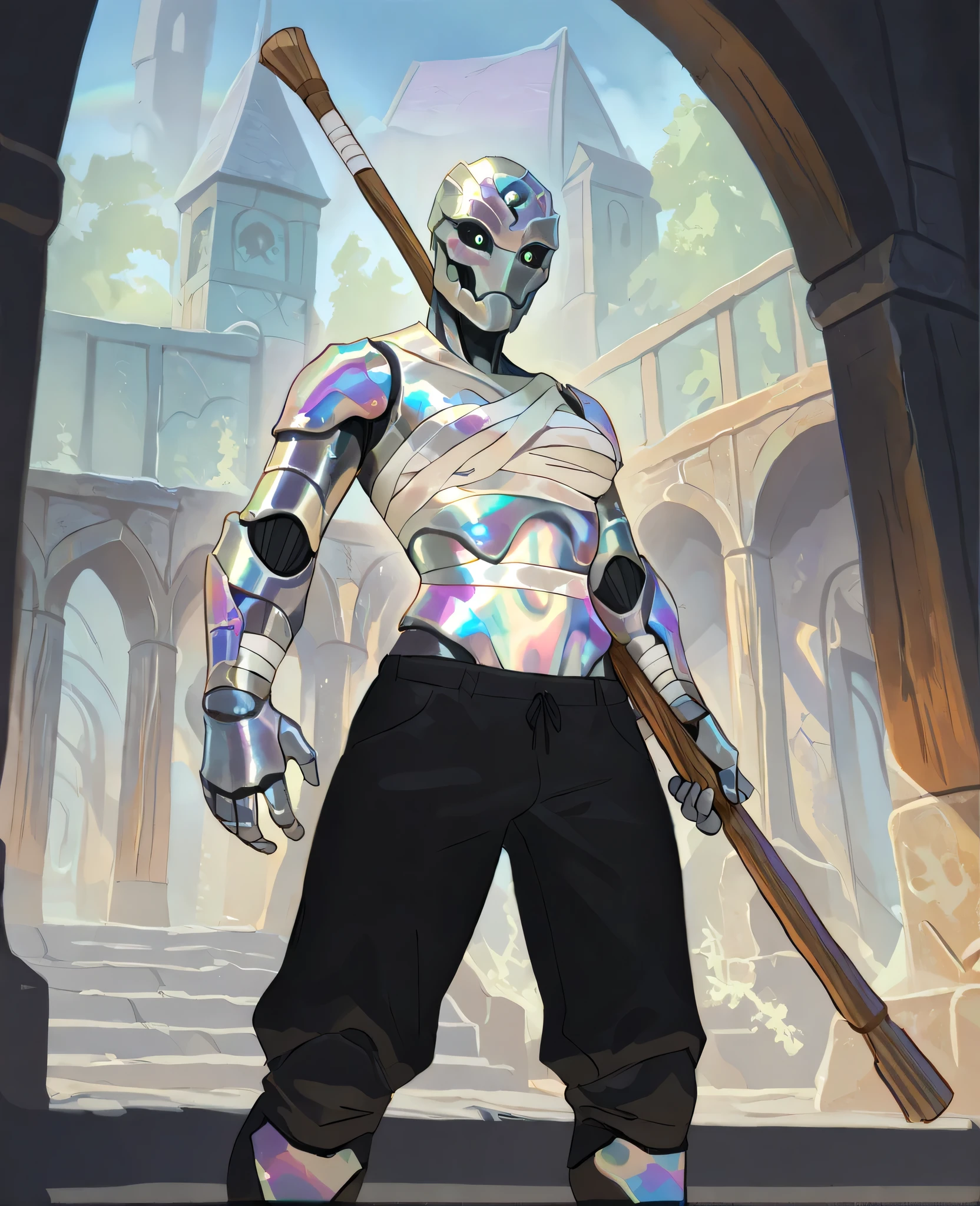 solo, feminine, warforged, robot monster, iridescent metal body, black sclera,  wooden hinges, rainbow metal body, iridescent, rainbow, architecture, deep fantasy townscape, bandages wrapped around chest of Warforged, Black pants on warforged legs, quarterstaff in Warforged hands, Feminine Warforged, best quality, both hands on quarterstaff