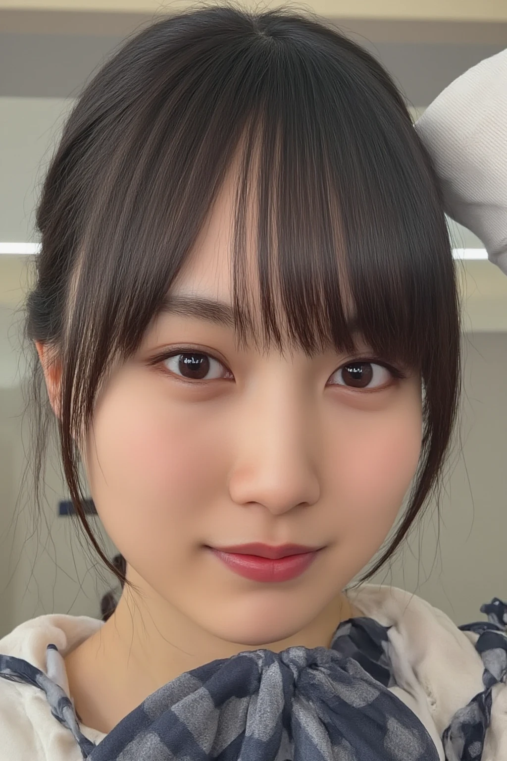 1 japanese girl,(Black sweater:1.4),(She wears a knitted snood around her neck to hide her chin..........:1.5), (Raw photo, Best Quality), (Realistic, Photorealsitic:1.4), masutepiece, extremely delicate and beautiful, Extremely detailed, 8k wallpaper, amazing, finely detail, extremely detailed CG Unity, hight resolution, Soft light, Beautiful detailed 19 year old, extremely detailed eye and face, beautiful detailed nose, Beautiful detailed eyes,Cinematic lighting,city light at night,Perfect Anatomy,Slender body,Smiling (hair messy, asymmetrical bangs, light brown hair,)