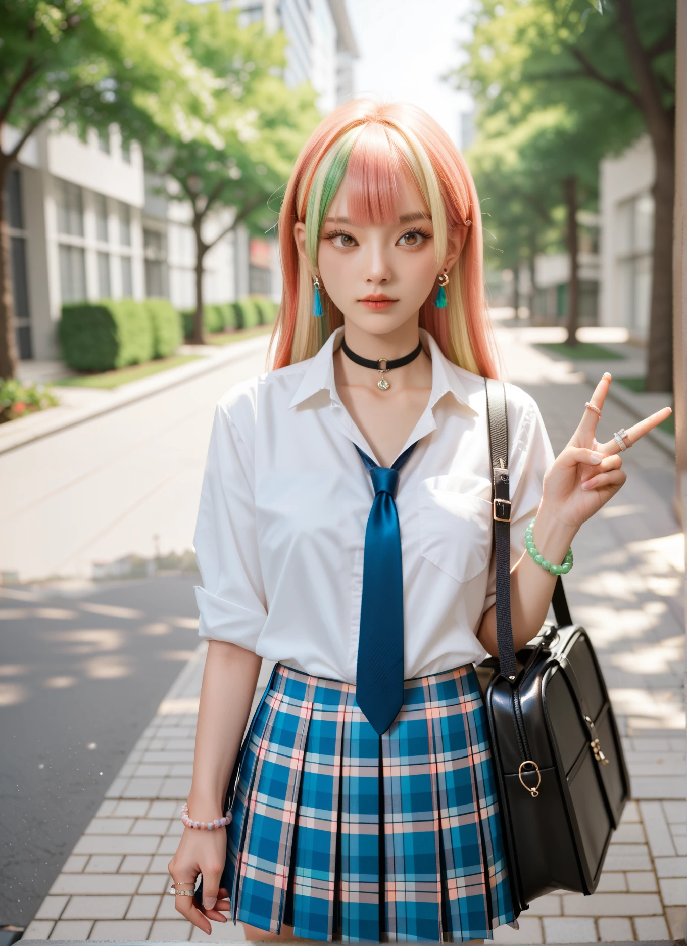 Masterpiece, top quality, is watching viewers, green, Japanese, ktgw , long hair, Swift Bangs, multi-colored hair , color chip , blond hair, Brown Eyes, chest, ear piercing, bead bracelet, Long-sleeved shirt with arms rolled up, tied shirt , bracelet, ring, pendant choker , white collared shirt, tie shirt, blue tie, pleated skirt, Plaid Skirt , v overeye , school bag, holding strap, outdoor, ãã©ã¹ , tree, sunlight, Sidewalk, building,