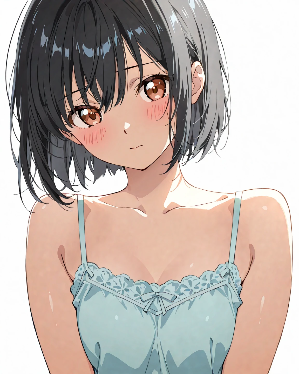 Ultra HD (Wearing lace white string bikini stand up, Lean forward and look up Gravure Pose on the beds ighly detailed clear outlines Beautiful face Beautiful skin) thin-waist A slender ribbed skinny limbs teats cleavage of the breast Beautiful breasts a short bob Beautiful fingertips Ecchi anime style