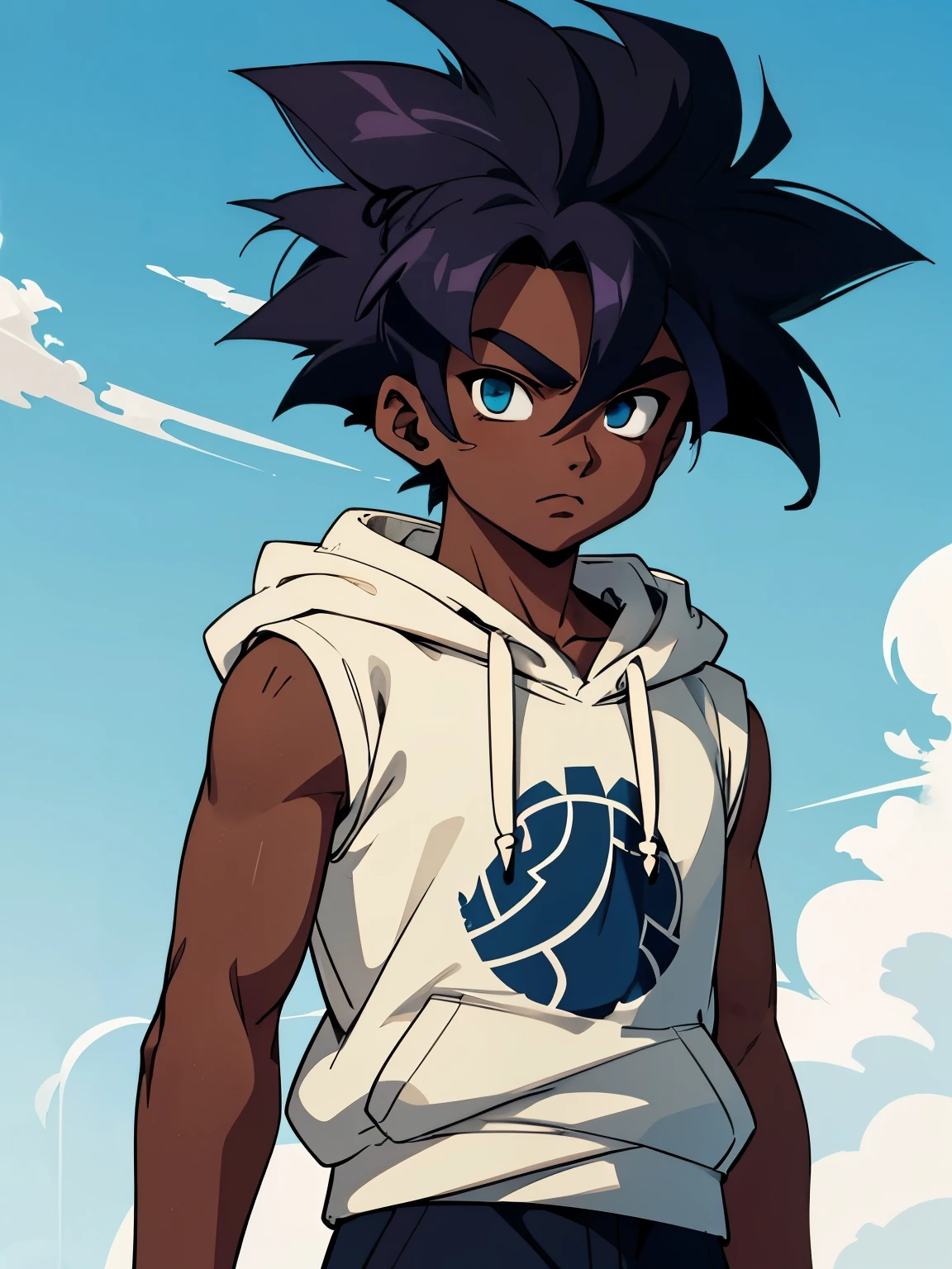 best quality image, pretty image , anime style, medieval fantasy style , imagine a age man , with blue eyes , with black skin, dark skin, darkened skin , Black skin, With bleached blue hair , Larger hair , wearing a grey sleeveless shirt with a brownish hoodie.