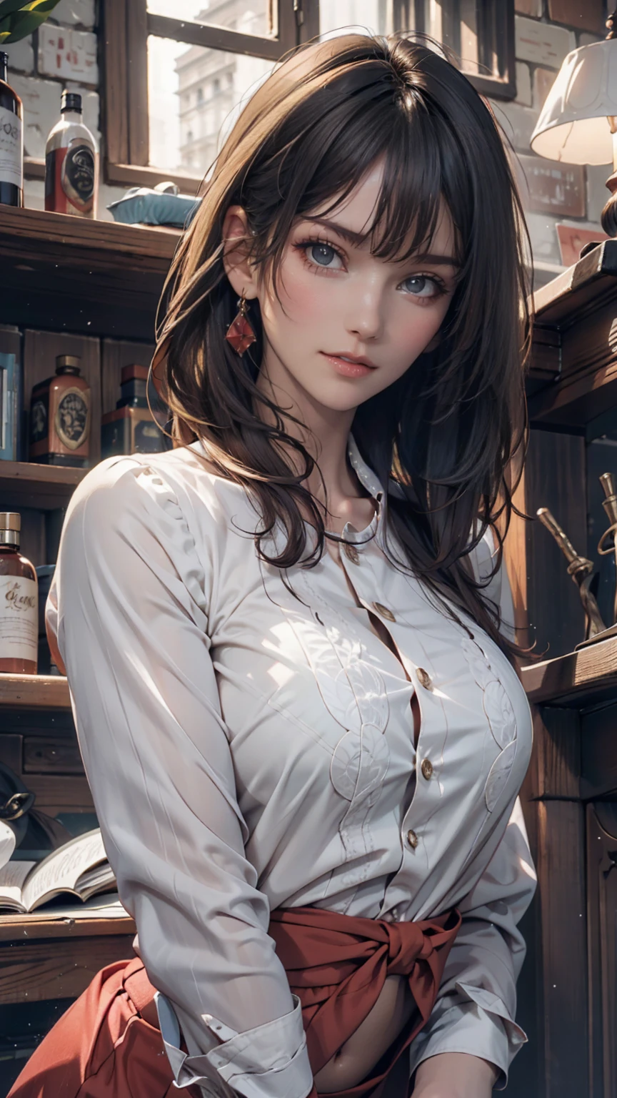 Young redhead woman, Medieval Tales Tavern, Exquisitely crafted and colorful interior, Detailed intense sunrise lightning, Best Geometry, Award-winning masterpiece, Very complex shadows and lighting, Best lighting, Best Shadow, Complex and busy setup, artステーションで話題, Global Illumination, Self-luminous, Bioluminescence, Mid-Journey Style, art:Albert Bierstadt