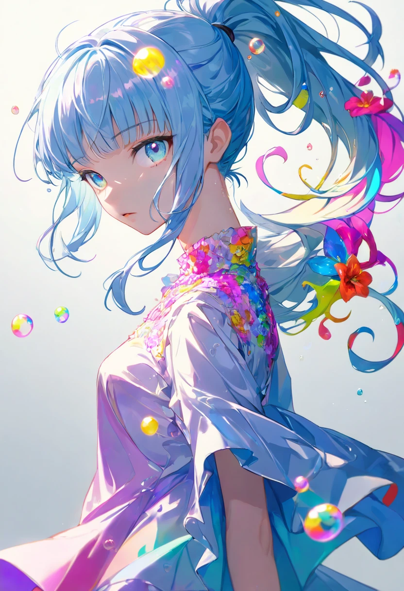(Colorful hair: 1.8), (all colors of the rainbow: 1.8),(((((Vertical painting：1.6))), （Painting：1.6），Front, Comics, Illustrations, painting of a, largeeyes, Crystal clear eyes,（ rainbow color gradient high ponytail：1.7）, Exquisite makeup, smile face,(Small Fresh: 1.5),(Wipe Chest: 1.6) ，Long eyelashes, white off-the-shoulder T-shirt, White Shoulder Shirt，staring towards the viewer, watery big eyes, (Rainbow-colored hair：1.6), colored splashing, （Solo：1.8）, colored splashing, Color explosion, Thick Paint Style, Messy lines, ((Shining))，(Colorful), (Colorful), (Colorful), Colorful, Thick Paint Style, (Splash) (colored splashing), Vertical painting, Upper body, Paint splashes, Acrylic Pigment, Gradient, Paint, Highest image quality, Highest quality, masutepiece, Solo, depth of fields, facepaint, multicolored clothing, (elegant: 1.2), Gorgeous,Long hair, Wind, (elegant: 1.3), (Flower petals: 1.4)，(((masutepiece))),(((Best quality))),((Ultra-detailed)),(illustration),(Dynamic Angle),((Floating)),(Paint),((Disheveled hair)),(Solo),(1girl in) , (((Detailed anima face))),((beautifull detailed face)),Collar,Bare shoulders,White hair, ((Colorful hair)),((striated hair)),Beautiful detailed eyes,(Gradient color eyes),(((Colorful eyes))),(((Colorful background))),(((High color saturation))),(((Surrounded by colorful splashes))), big breast