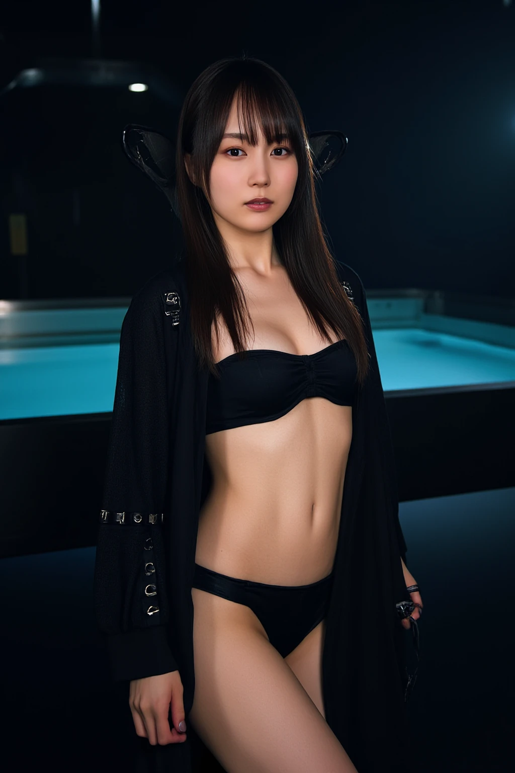 ((Slim Model body type:2.0)),(((Dark Nostromo boat pool :2.0))),((( HR Gigger Style Cyberpunk Atmosphere :2.0))),(((Hold a cyberpunk-style Japanese sword:2.0))), Standing,((whole body:2.0)), one woman,( cute face),(Beautiful well-balanced face ),(( natural big breasted :2.0)),( black hair:1.5),( beautiful eyes:1.3), glamorous shot of a 20 year old Japanese woman , Slender Beautiful Body ,((Model body type:2.0)),(( slim body with hot water:1.7)), perfect body line , Ideal Proportions ,((underboob:2.0)),(( big breasts:2.0)),((F cup breasts:1.5)),Big Breasts,Bare thighs, sensual thighs, delicate body,( Muscular:1.5),A harmonious posture,(Realistic breast depiction :1.5),(Realistic depiction of areolas:1.3), carefully depicting limbs based on perfect anatomy,((Futuristic Samurai Style Black Micro Bikinis :2.0)),(((The black sparrow :2.0))),(( Samurai Kimono Style Military Coat with Front Open Over Micro Bikinis:1.7)),(ear monitor:1.5),((Tactical Holster:1.5)),( gloves:1.3), concept art with,( top quality:1.5),( Masterpiece:1.5),(Super high resolution),resolution,UHD,( delicate depiction), carefully drawn with butterfly wings ,32K,(( realistic skin texture:1.5)),((( Super realistic :1.5))), eyelashes, very detailed face,Highly detailed female hand,Sexy appearance,Very sensual,(Blurry Dim Backgrounds :1.5), professional photography,( Movie Lighting:2.0),(( Blade Runner Style Lights :2.0))