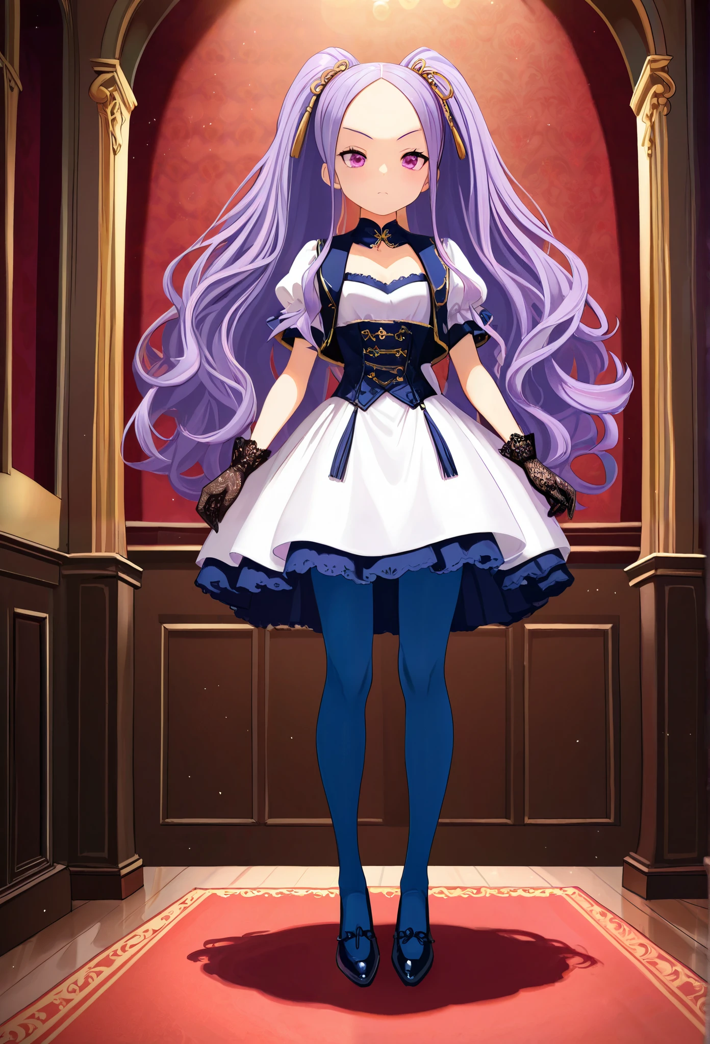 1 part-time girl , long hair, purple hair, PURPLE EYES , double ponytail, Forehead, white shirt jacket dress, Lace, Puff Sleeve , Short sleeve, indoor, tights , , high quality , very beautiful , absurd, high resolution , Latest, waist , Lace gloves, Blue pantyhose, Small leather shoes