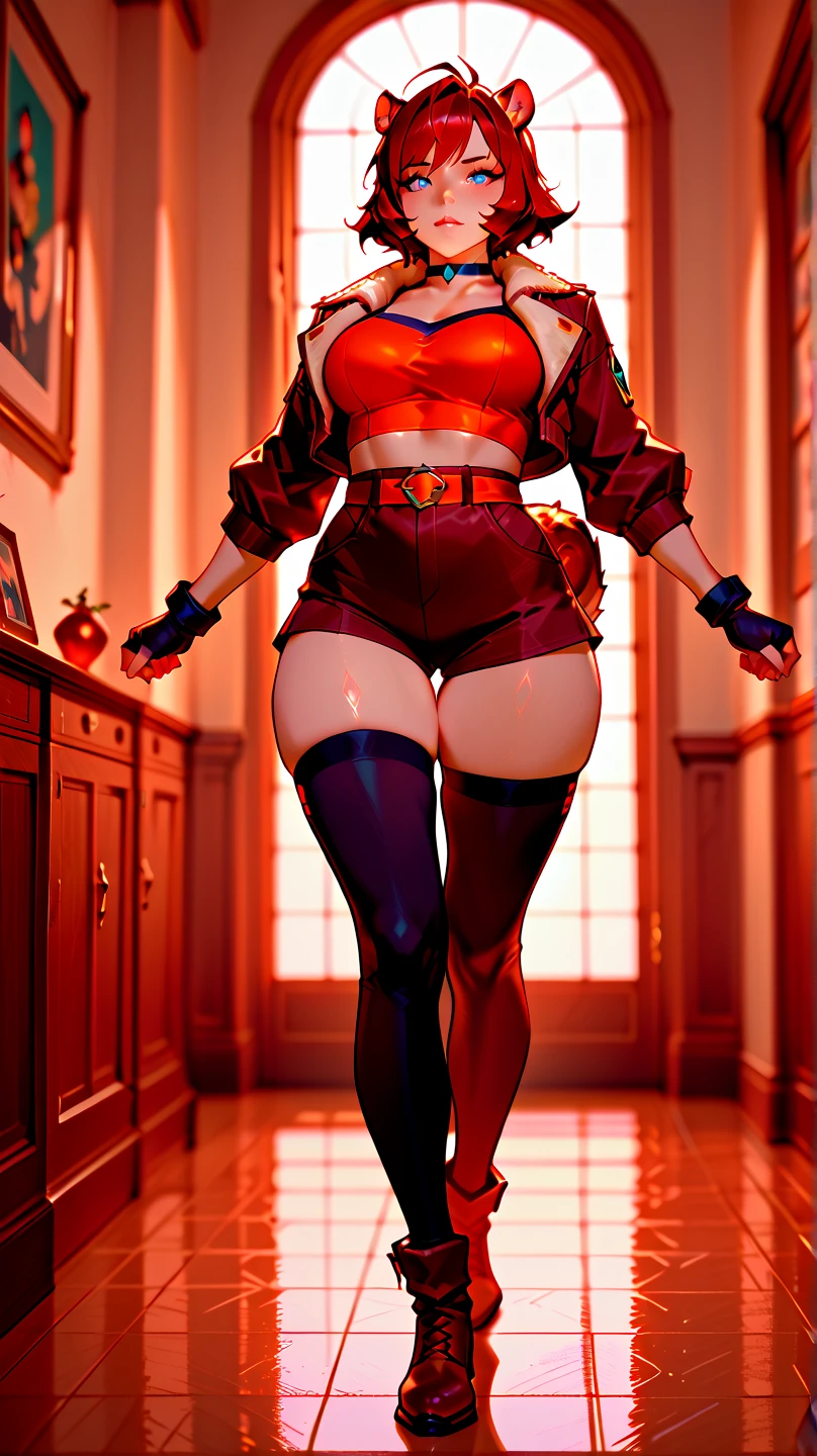 ((best quality)), ((masterpiece)), (detailed), 1girl, 8k_wallpaper, extremely detailed eyes, (large masterpiece digital art), (intricate details:1.3 ), (ultra-detailed:1.3), (sharp focus:1.3), (natural lighting:1.05), (vivid colors:1.3), (best quality:1.4), high quality, expressive cold cruel eyes, full body, detailed face with cold cruel features, ((blonde hair)), (gold eyes), {{dark skin}}, ({dark skinned female}), big breasts, huge chest, outlines of nipples under clothing, powerful strong and prominent muscles of the abdomen and legs, powerful arm muscles, a hard serious look, a predatory half-smile, she is wearing an open blue coat with gold shoulder straps with rolled up sleeves, a red tight shirt, short denim mini shorts, short Victorian style boots, she sits on a white armchair in the middle of a wide open veranda with modern Chinese furniture and interior against the background of a view of the night city, in the style of cyberpunk and fantasy,